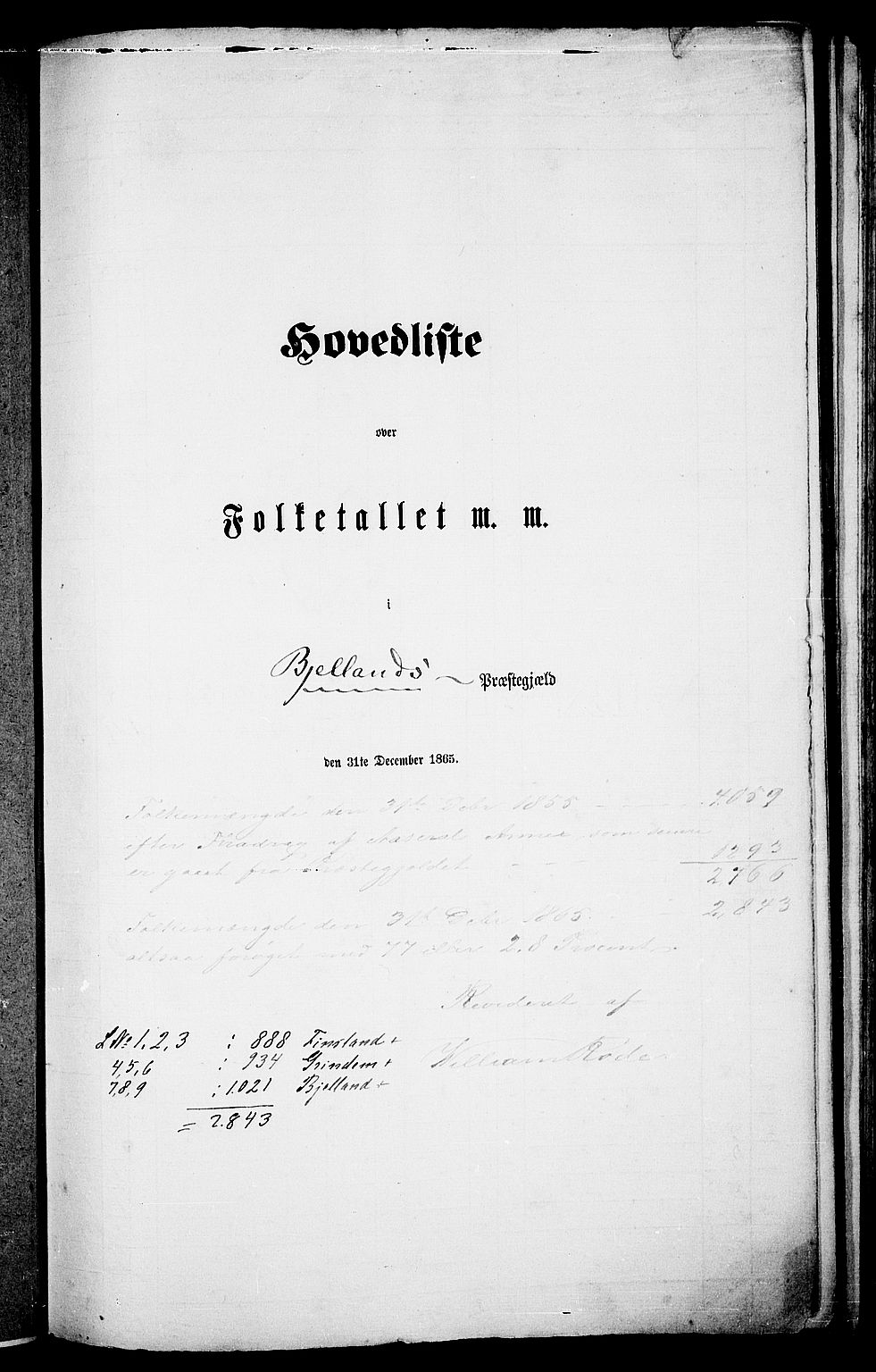 RA, Folketelling 1865 for 1024P Bjelland prestegjeld, 1865, s. 1