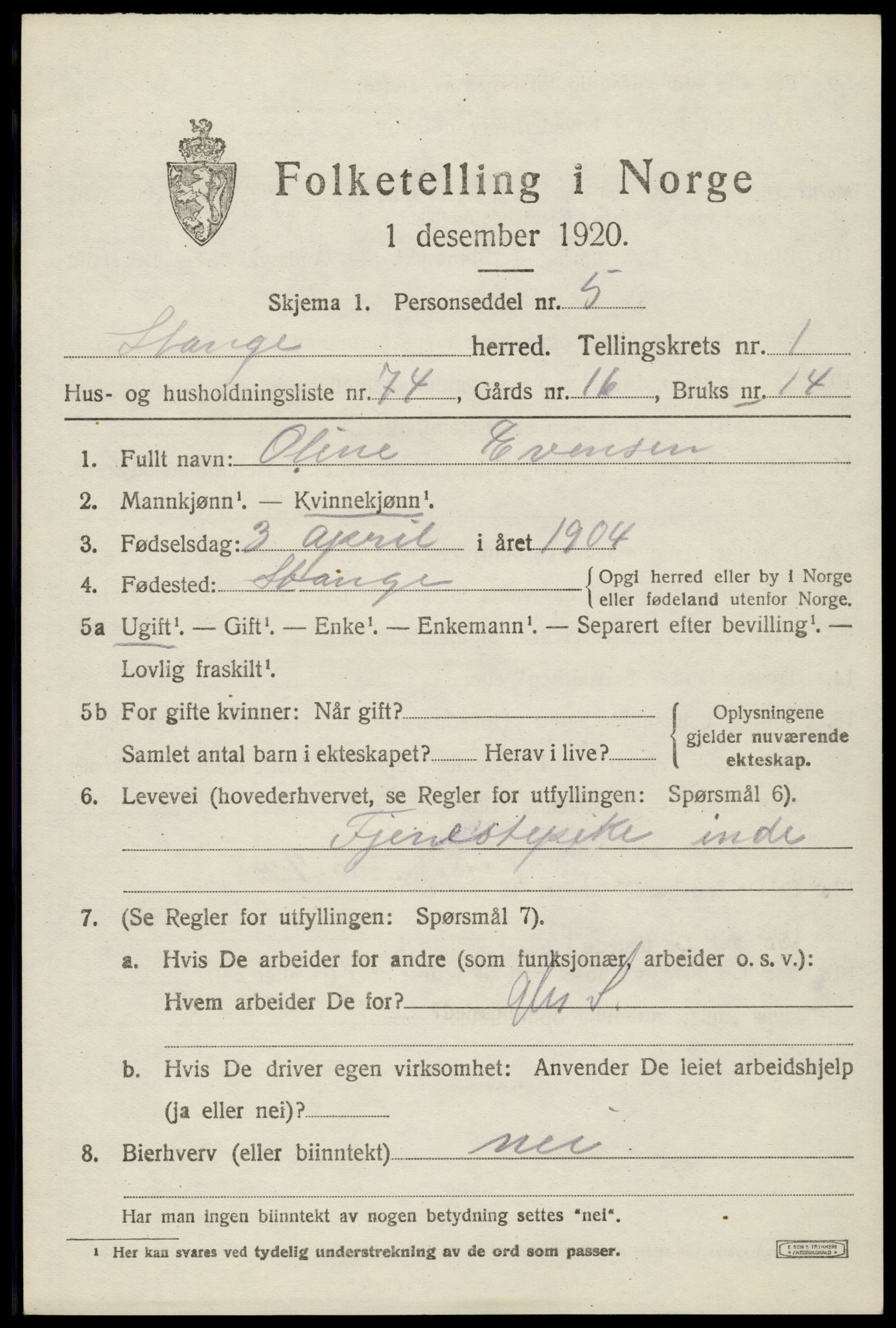 SAH, Folketelling 1920 for 0417 Stange herred, 1920, s. 3817
