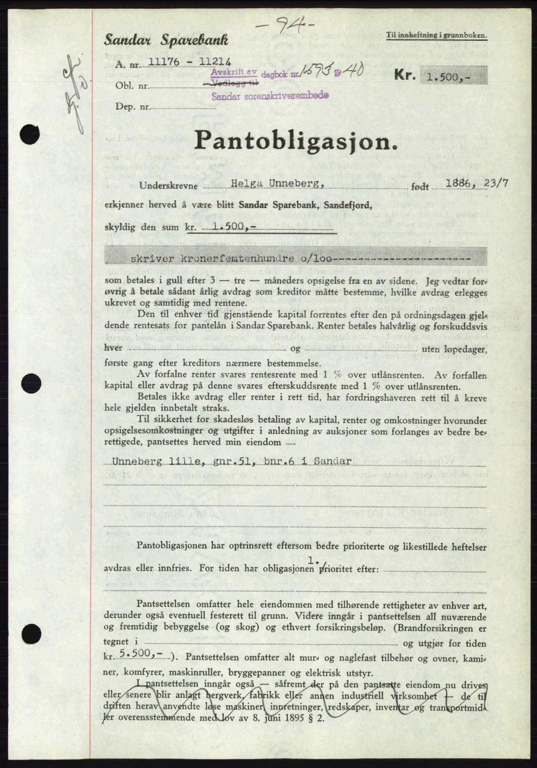 Sandar sorenskriveri, SAKO/A-86/G/Ga/Gab/L0001: Pantebok nr. B-1 og B-3 - B-9, 1936-1944, Dagboknr: 1593/1940