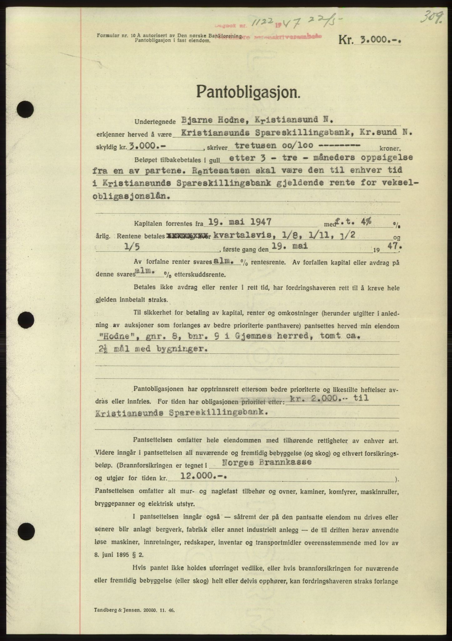 Nordmøre sorenskriveri, SAT/A-4132/1/2/2Ca: Pantebok nr. B96, 1947-1947, Dagboknr: 1122/1947