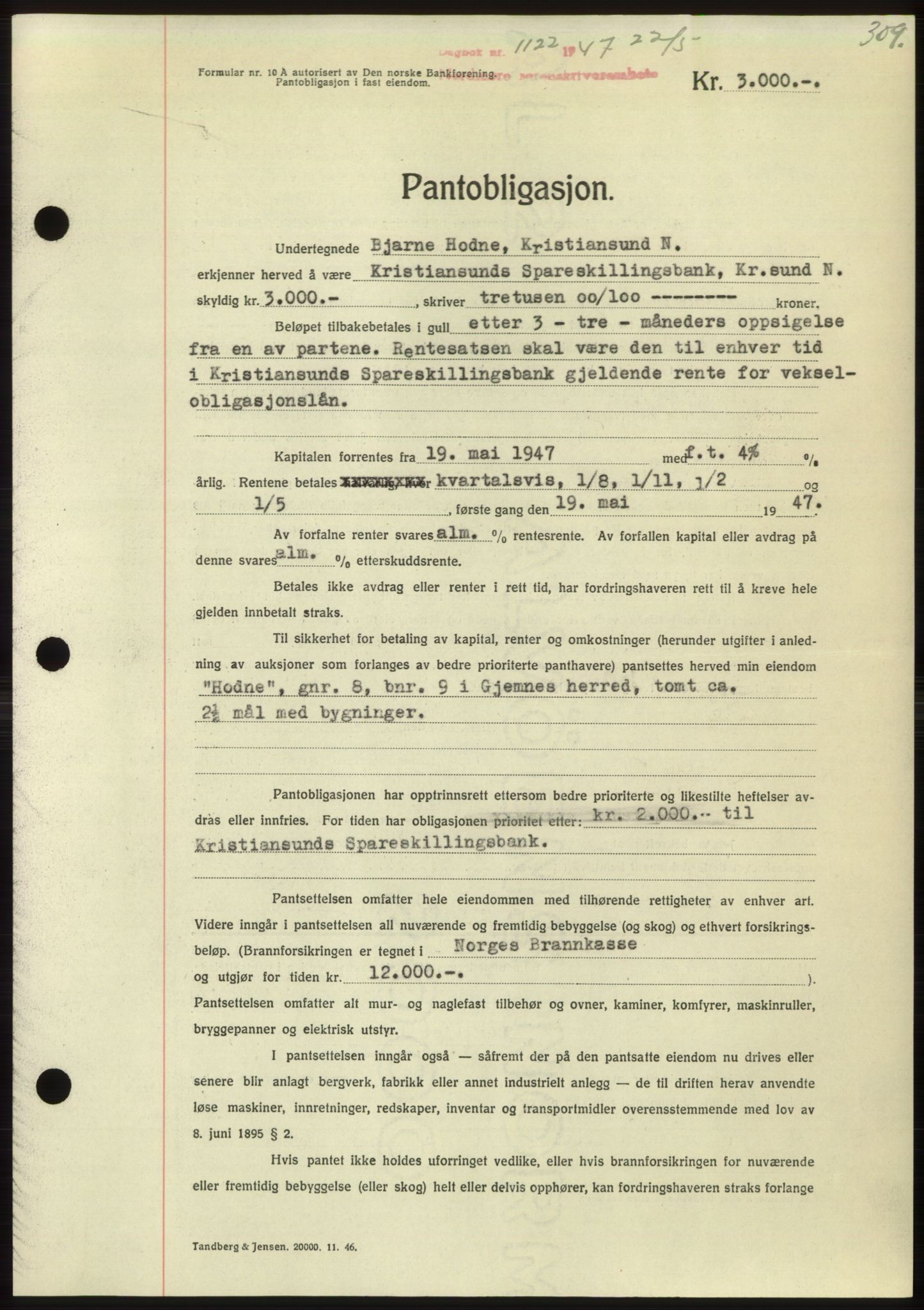 Nordmøre sorenskriveri, AV/SAT-A-4132/1/2/2Ca: Pantebok nr. B96, 1947-1947, Dagboknr: 1122/1947