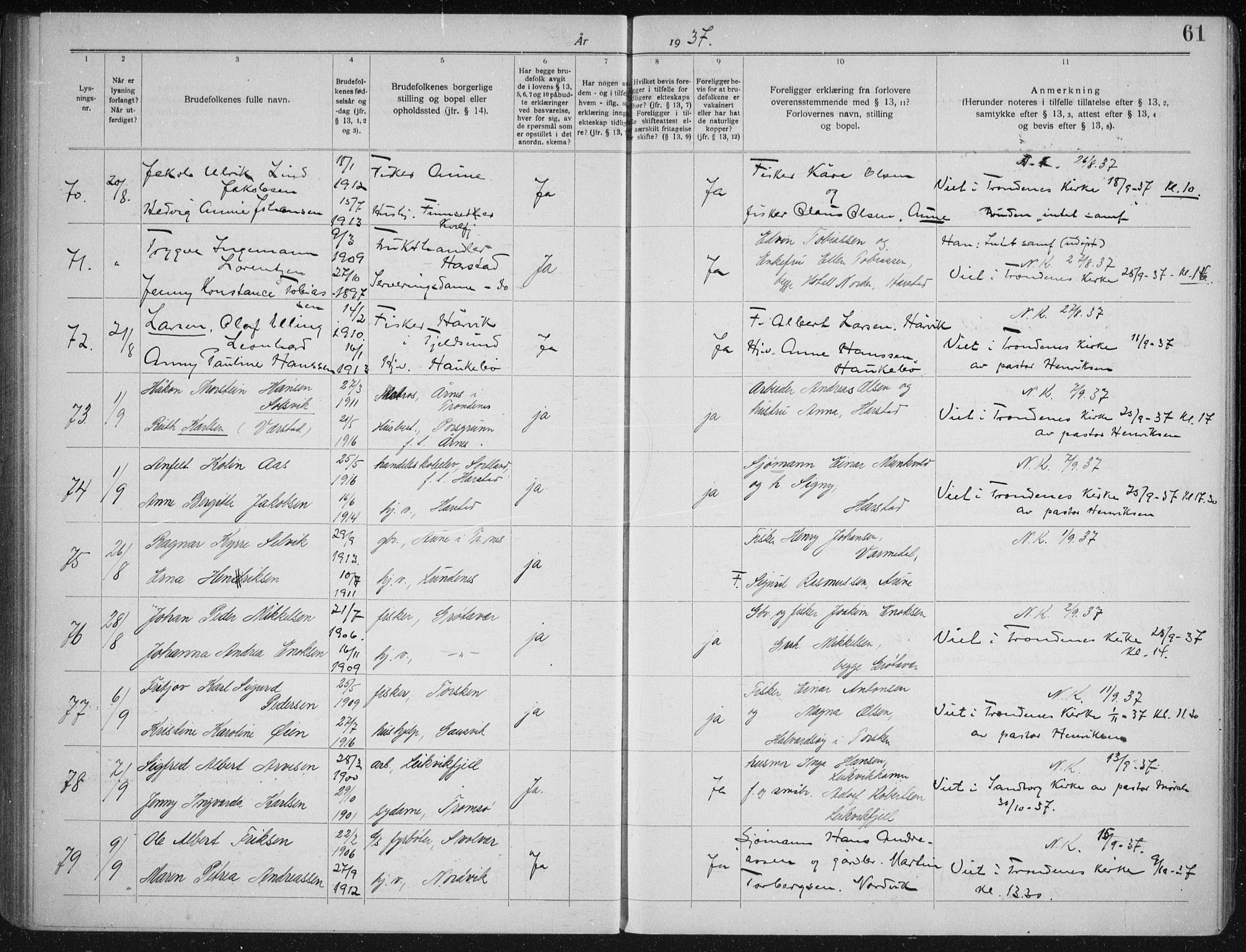 Trondenes sokneprestkontor, AV/SATØ-S-1319/I/Ib/L0100: Lysningsprotokoll nr. 100, 1931-1940, s. 61