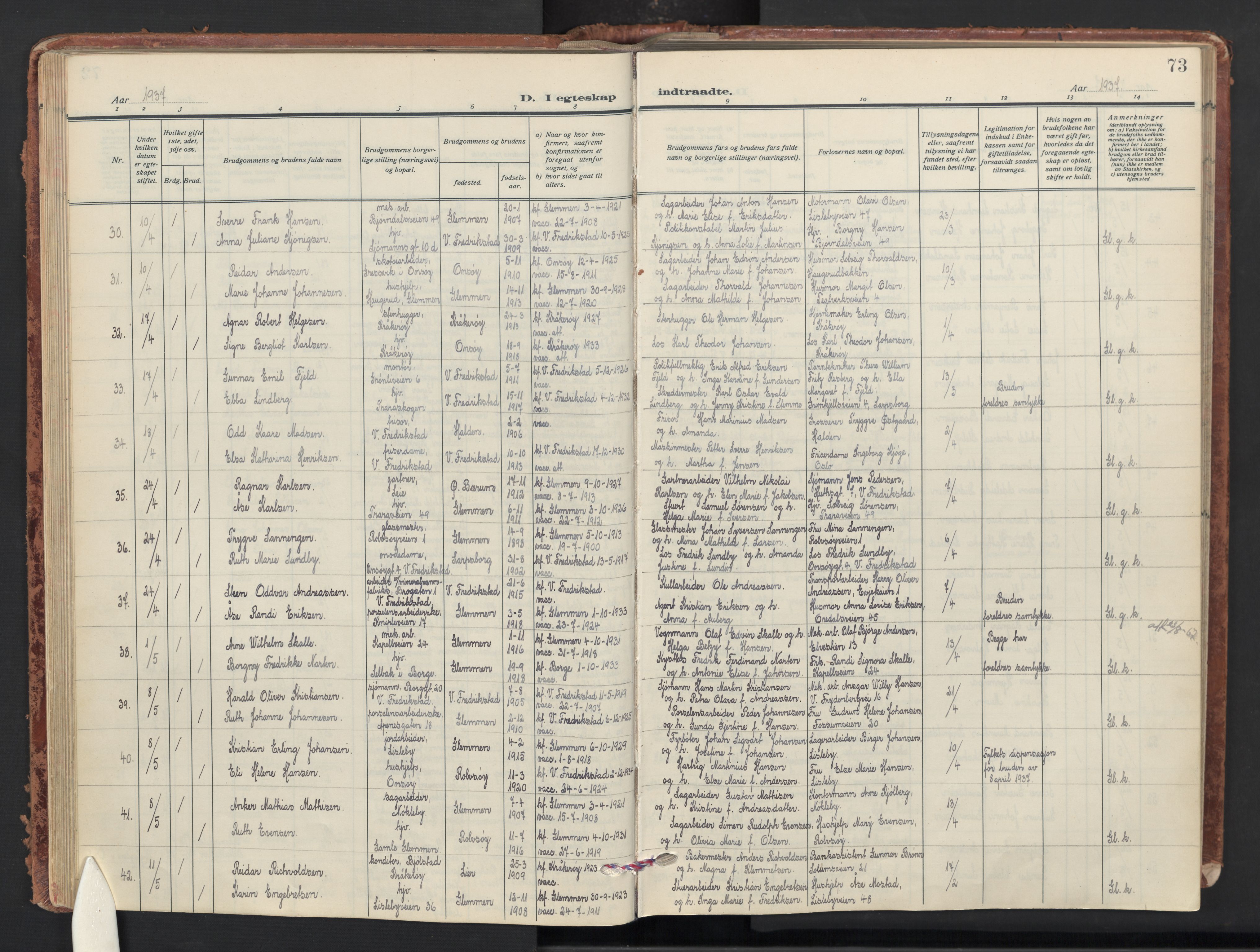 Glemmen prestekontor Kirkebøker, AV/SAO-A-10908/G/Ga/L0010: Klokkerbok nr. 10, 1928-1951, s. 73