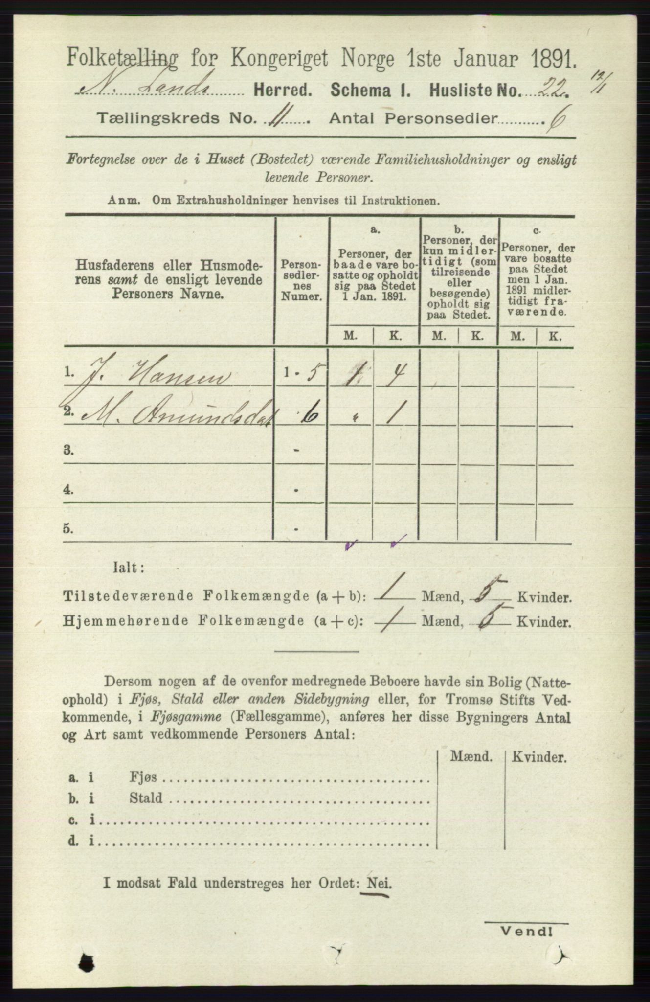 RA, Folketelling 1891 for 0538 Nordre Land herred, 1891, s. 3022