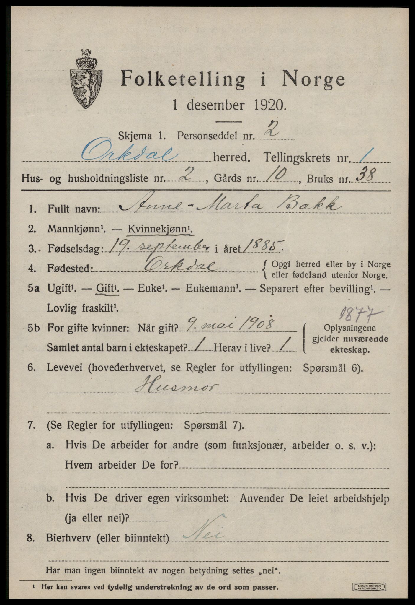 SAT, Folketelling 1920 for 1638 Orkdal herred, 1920, s. 1230