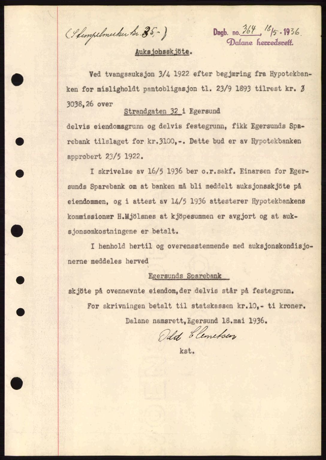 Dalane sorenskriveri, SAST/A-100309/02/G/Gb/L0040: Pantebok nr. A1, 1936-1936, Dagboknr: 364/1936