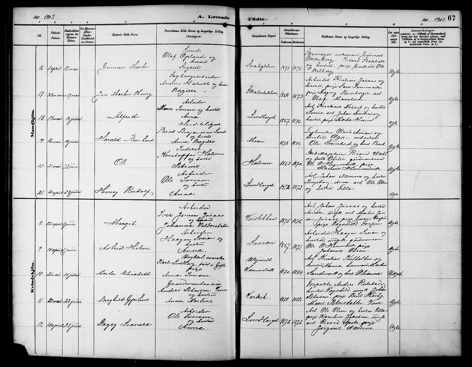 Ministerialprotokoller, klokkerbøker og fødselsregistre - Sør-Trøndelag, AV/SAT-A-1456/617/L0431: Klokkerbok nr. 617C01, 1889-1910, s. 67