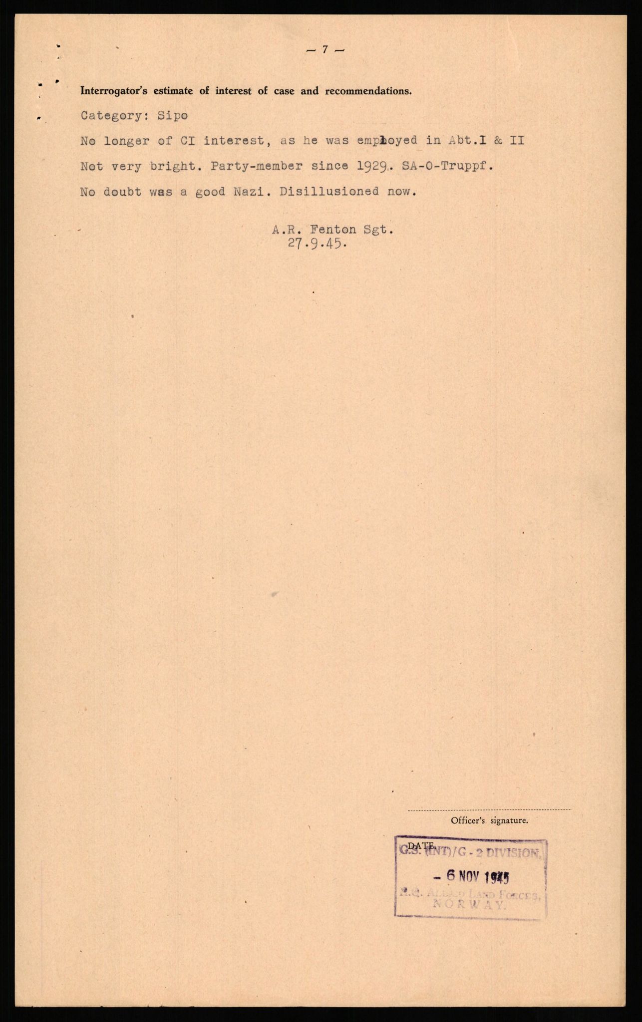 Forsvaret, Forsvarets overkommando II, RA/RAFA-3915/D/Db/L0026: CI Questionaires. Tyske okkupasjonsstyrker i Norge. Tyskere., 1945-1946, s. 321