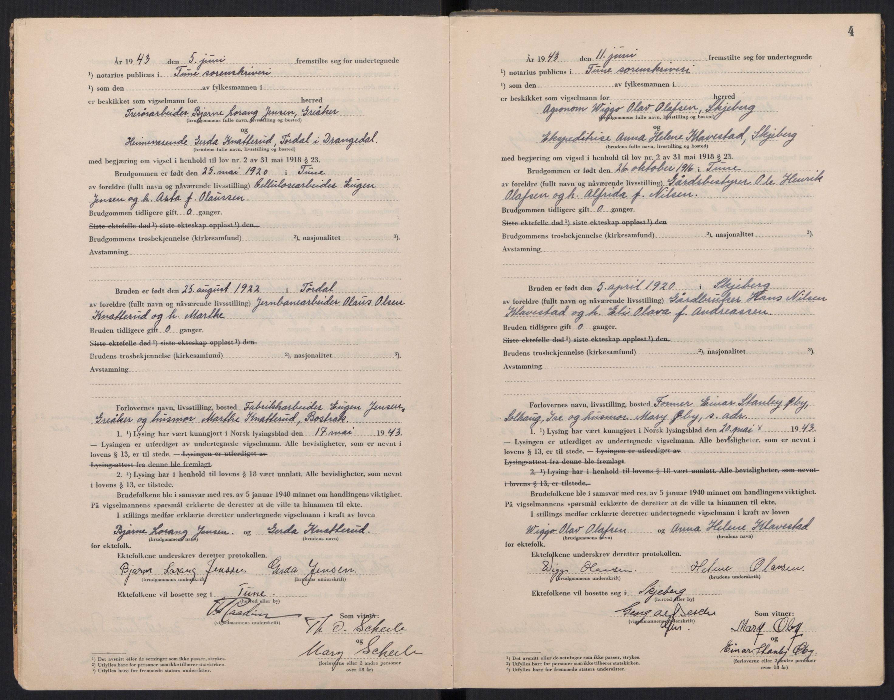 Tune sorenskriveri, SAO/A-10470/L/Lb/L0002: Vigselprotokoll, 1943-1944, s. 4