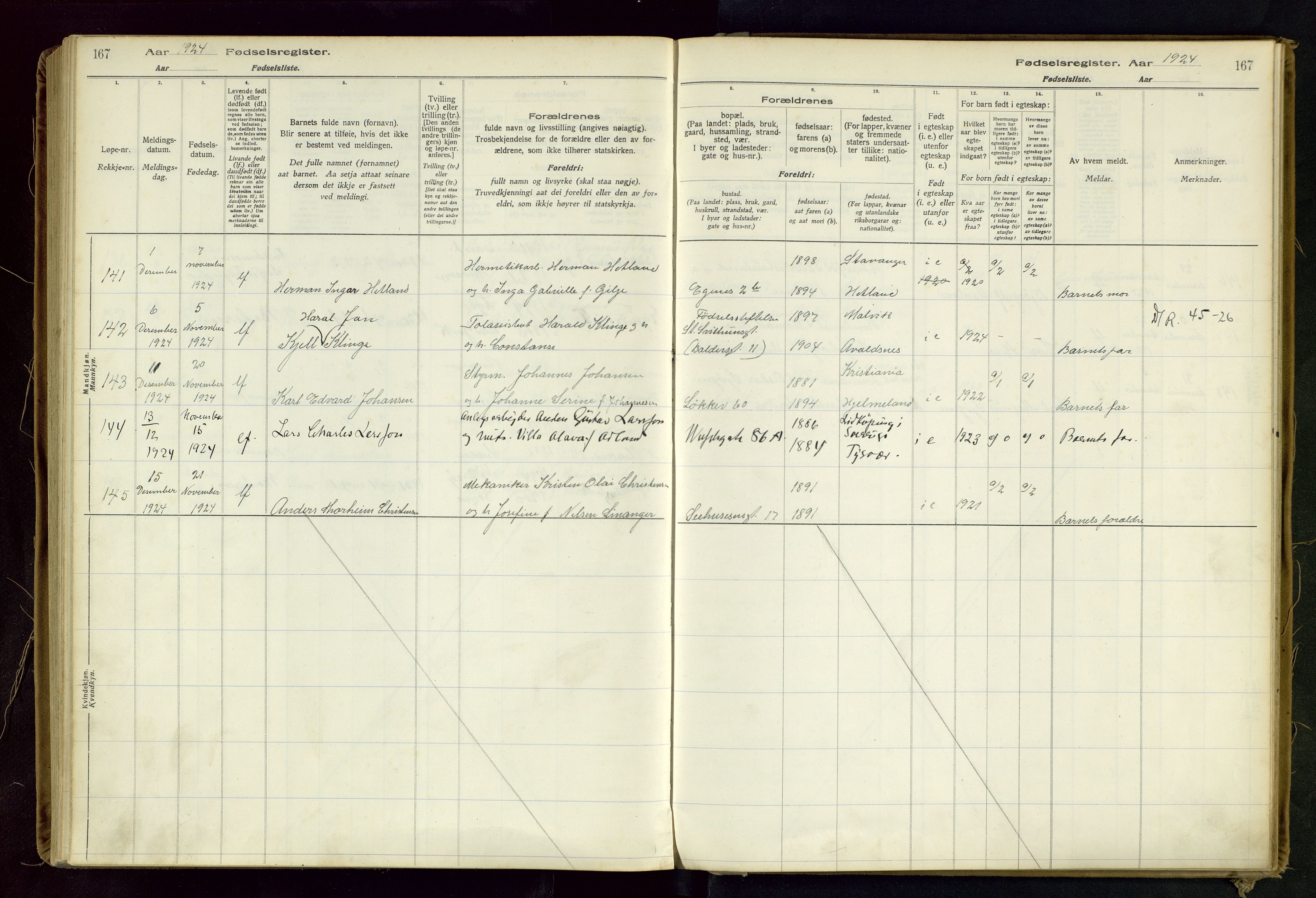 Domkirken sokneprestkontor, SAST/A-101812/002/B/L0002: Fødselsregister nr. 2, 1920-1925, s. 167