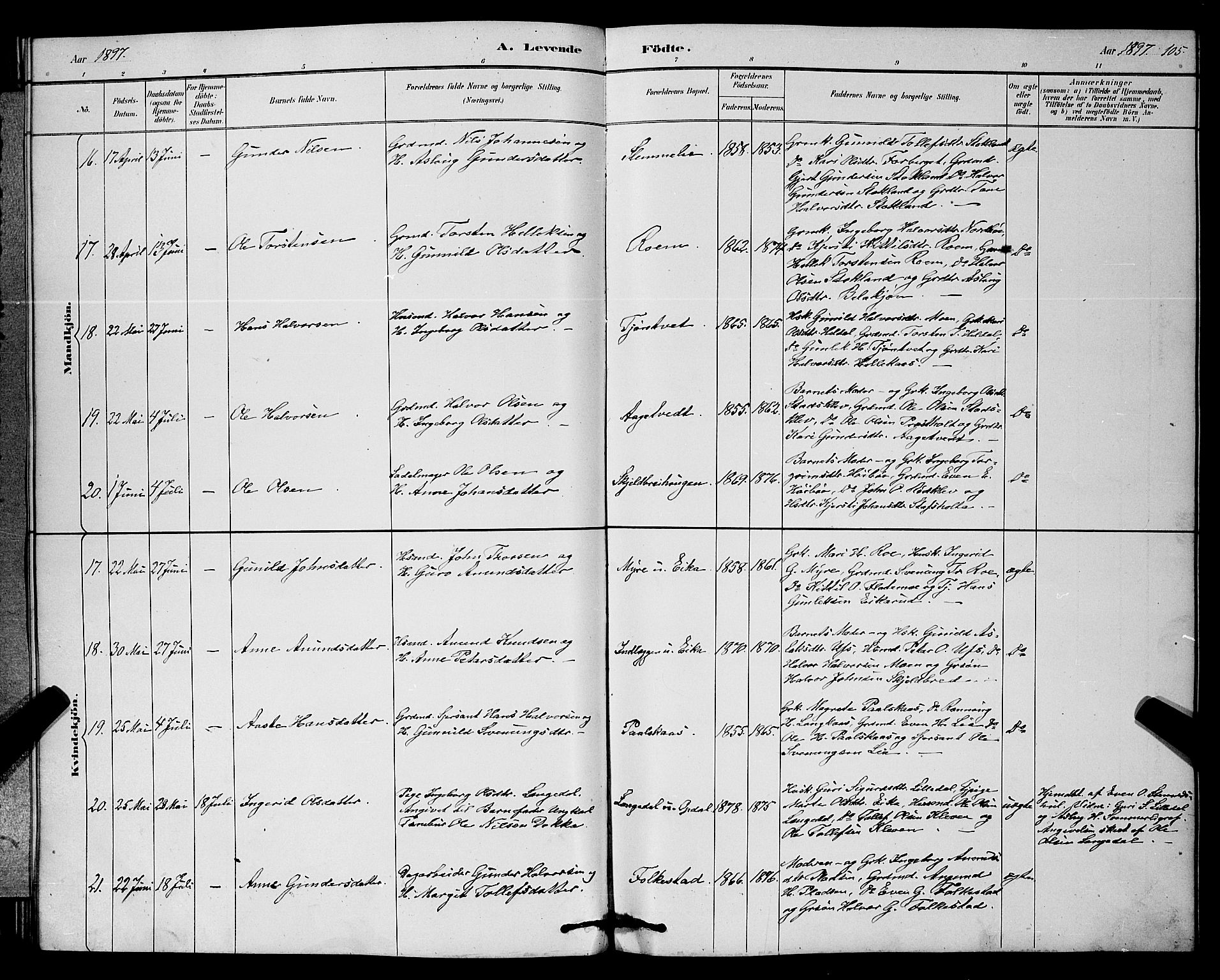 Bø kirkebøker, AV/SAKO-A-257/G/Ga/L0005: Klokkerbok nr. 5, 1883-1897, s. 105