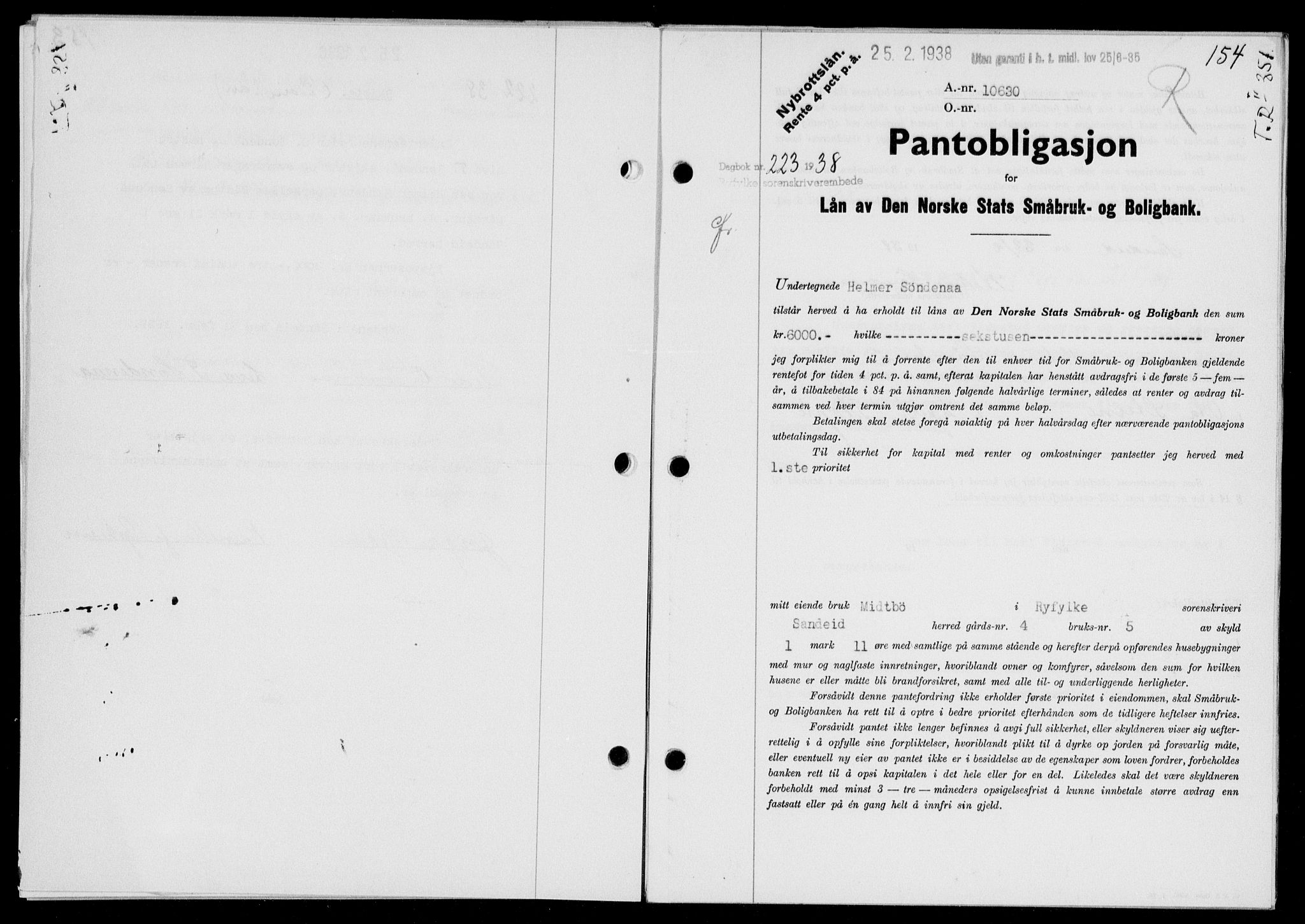 Ryfylke tingrett, SAST/A-100055/001/II/IIB/L0077: Pantebok nr. 56, 1938-1938, Dagboknr: 223/1938