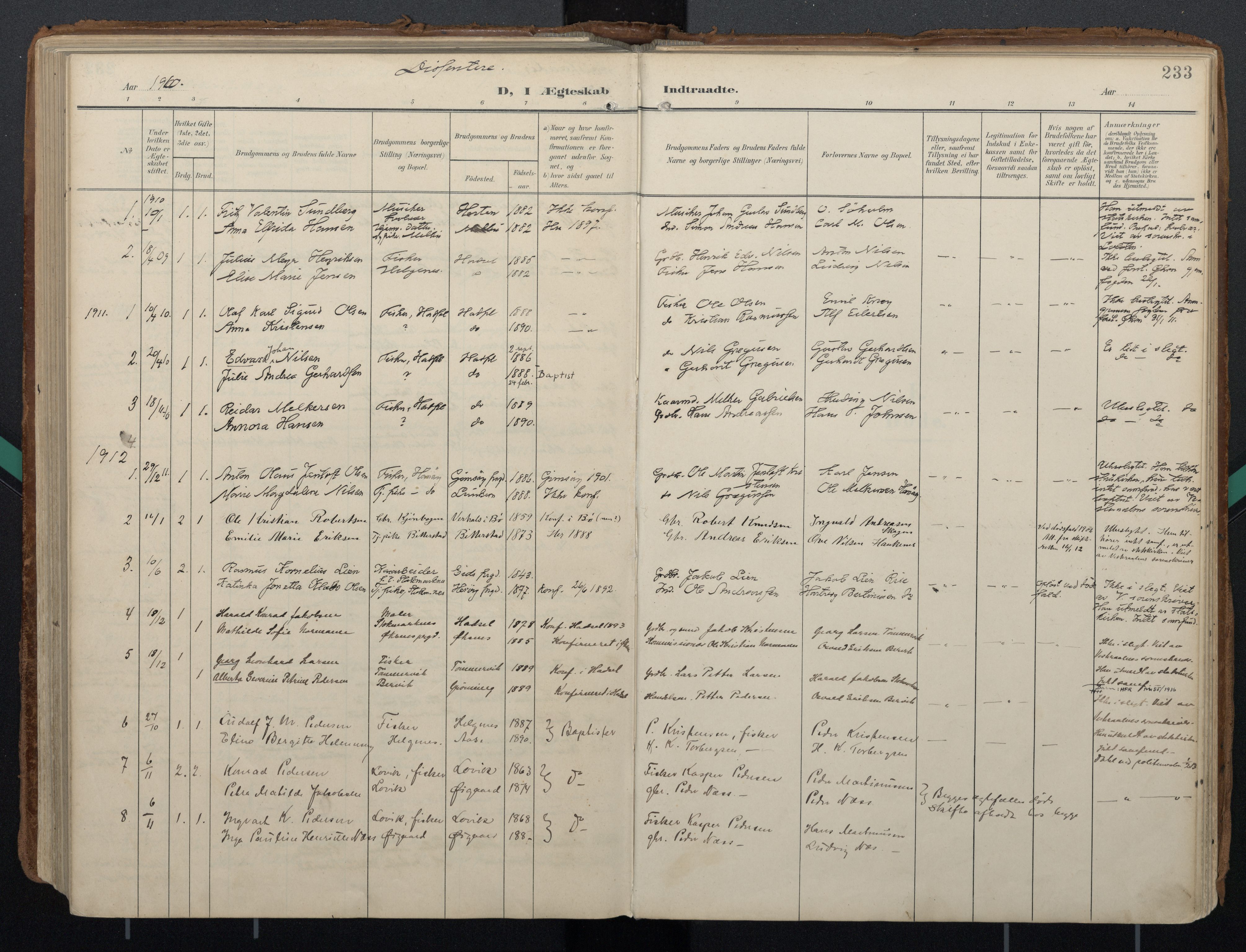 Ministerialprotokoller, klokkerbøker og fødselsregistre - Nordland, SAT/A-1459/888/L1248: Ministerialbok nr. 888A14, 1904-1913, s. 233