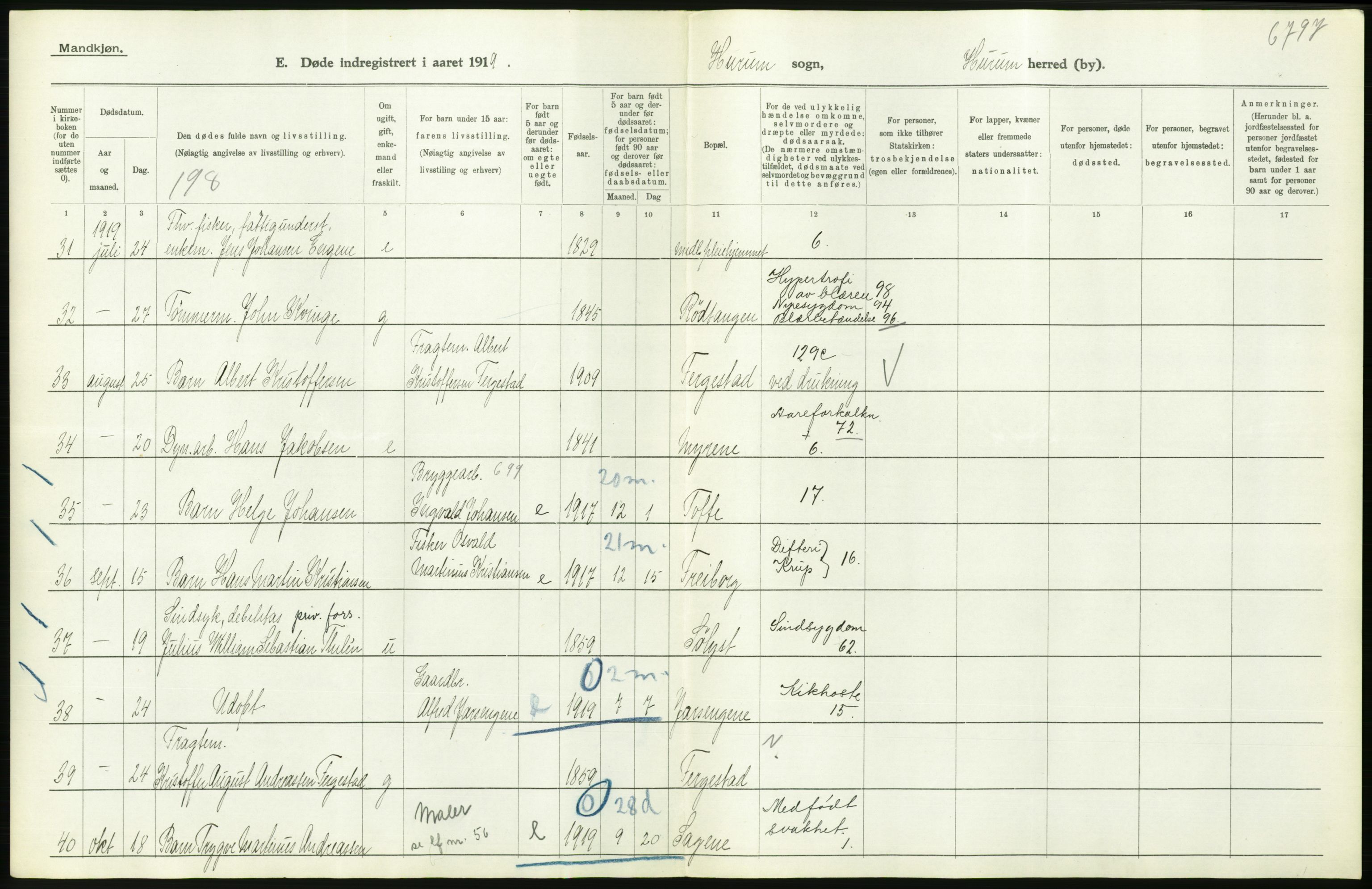 Statistisk sentralbyrå, Sosiodemografiske emner, Befolkning, AV/RA-S-2228/D/Df/Dfb/Dfbi/L0018: Buskerud fylke: Døde. Bygder og byer., 1919, s. 312