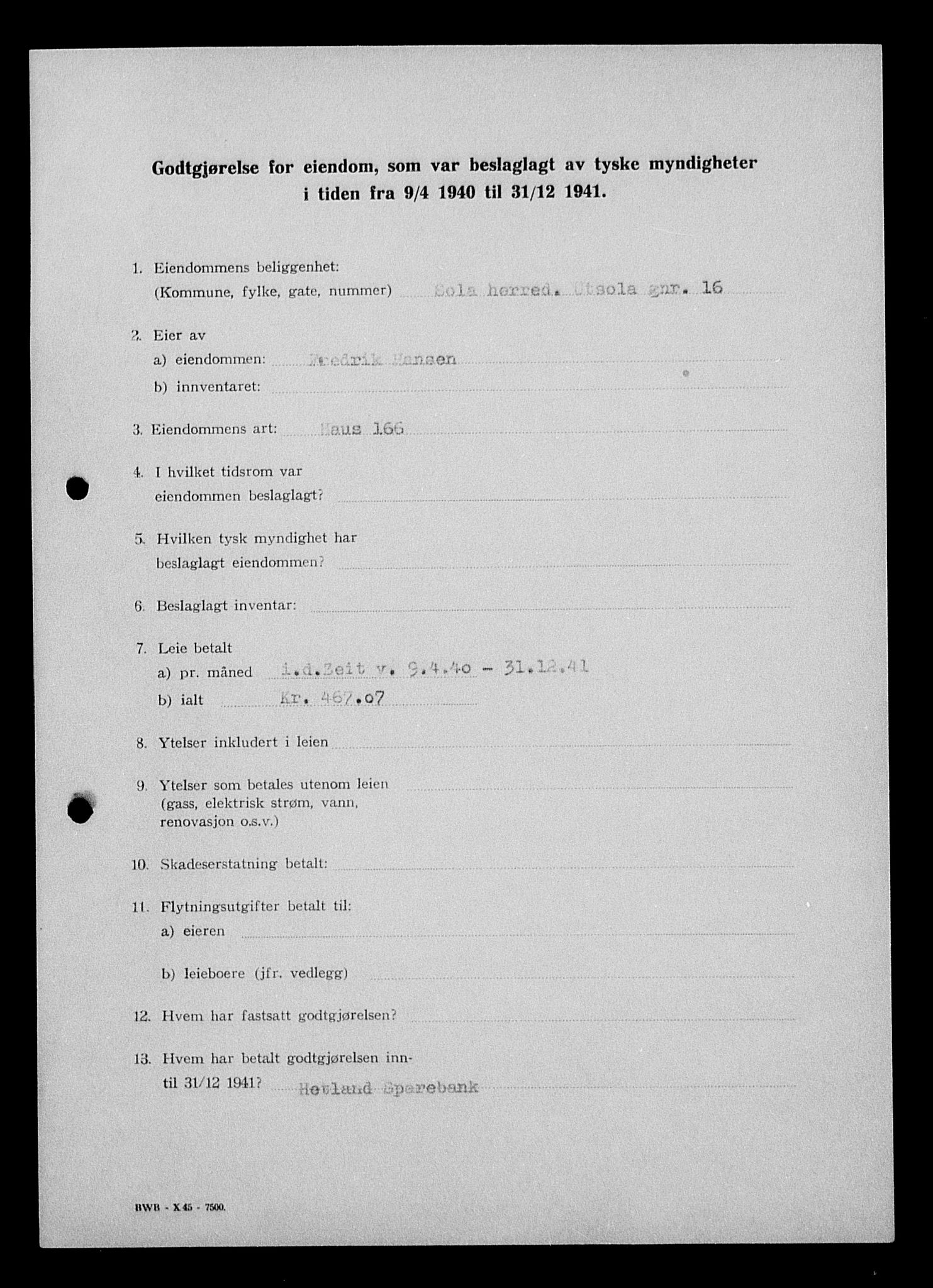 Justisdepartementet, Tilbakeføringskontoret for inndratte formuer, AV/RA-S-1564/I/L1014: Godtgjørelse for beslaglagt eiendom, 1940-1941, s. 302