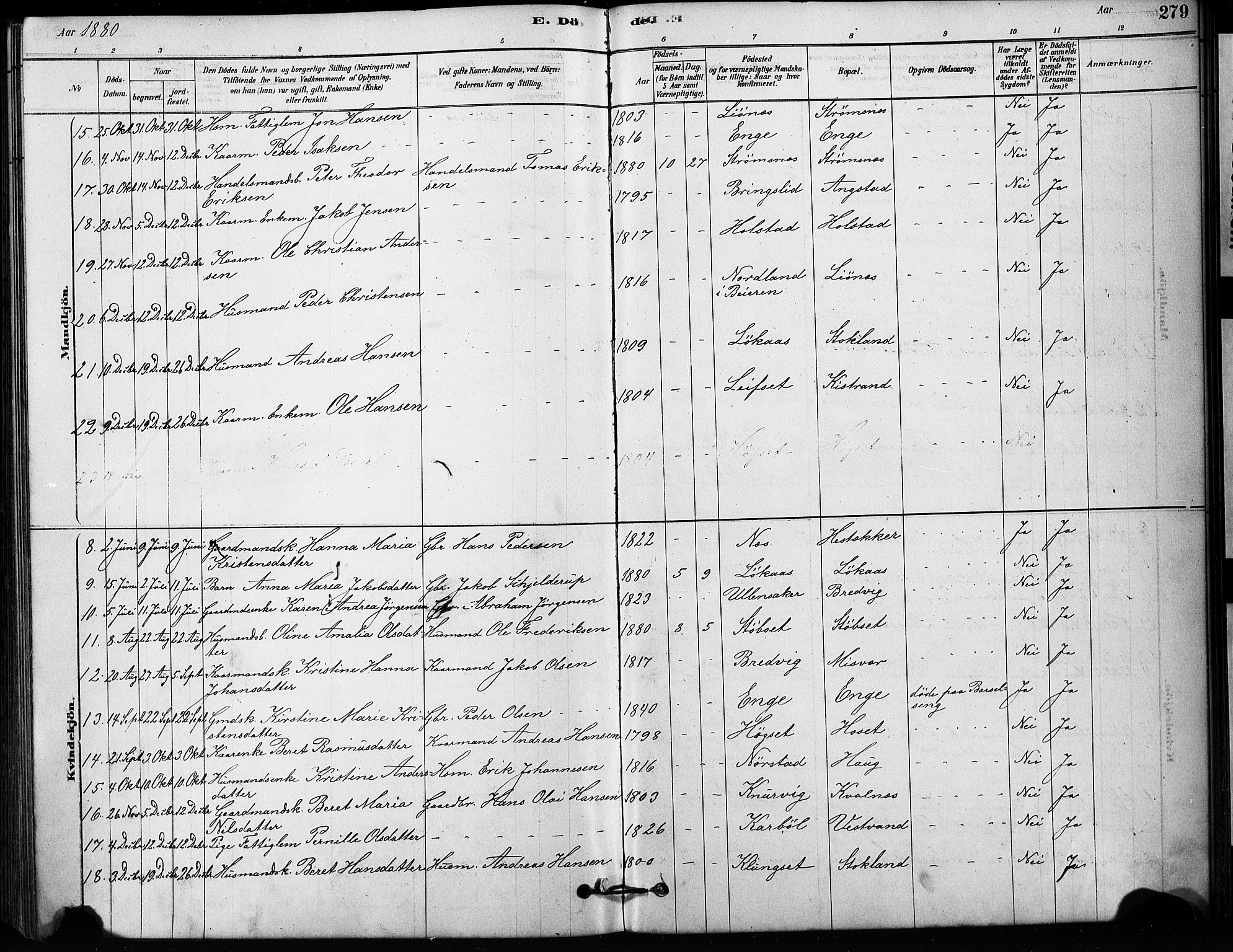 Ministerialprotokoller, klokkerbøker og fødselsregistre - Nordland, AV/SAT-A-1459/852/L0754: Klokkerbok nr. 852C05, 1878-1894, s. 279