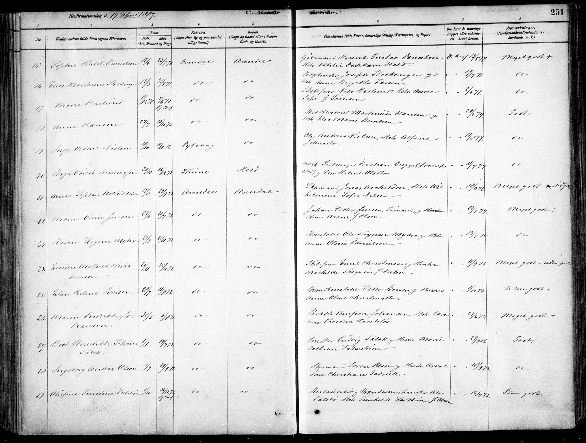 Arendal sokneprestkontor, Trefoldighet, AV/SAK-1111-0040/F/Fa/L0008: Ministerialbok nr. A 8, 1878-1899, s. 251