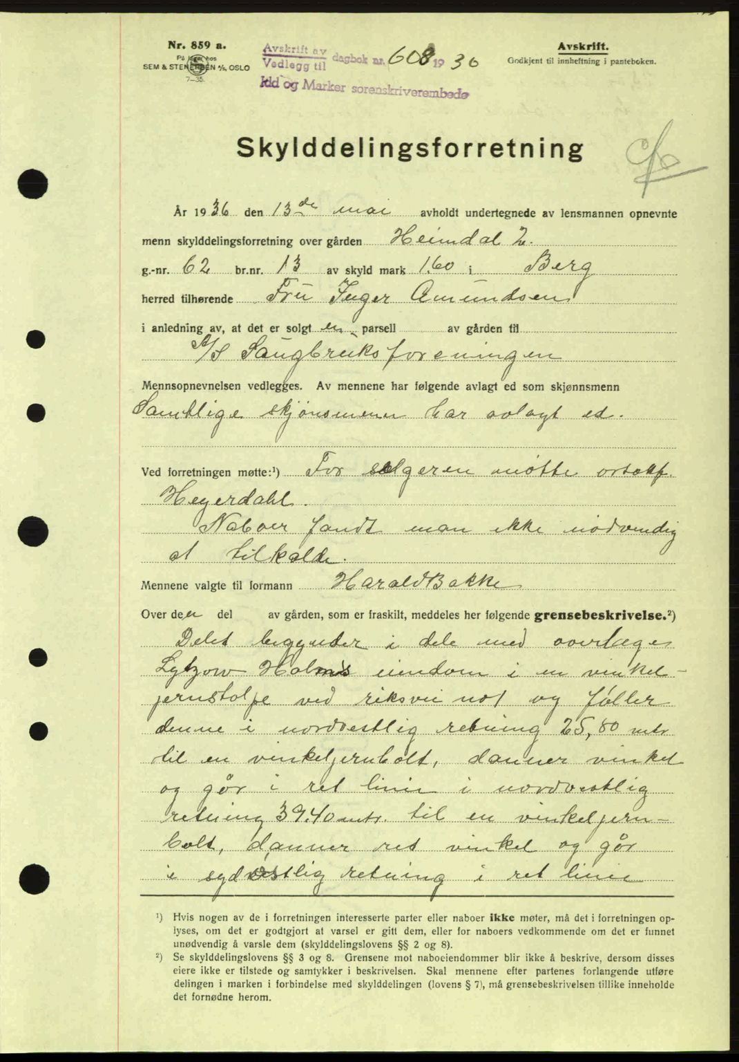 Idd og Marker sorenskriveri, AV/SAO-A-10283/G/Gb/Gbb/L0001: Pantebok nr. A1, 1936-1937, Dagboknr: 608/1936