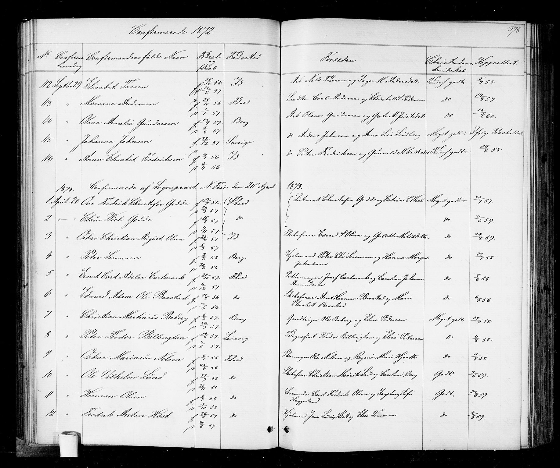 Halden prestekontor Kirkebøker, SAO/A-10909/G/Ga/L0006: Klokkerbok nr. 6, 1869-1884, s. 378