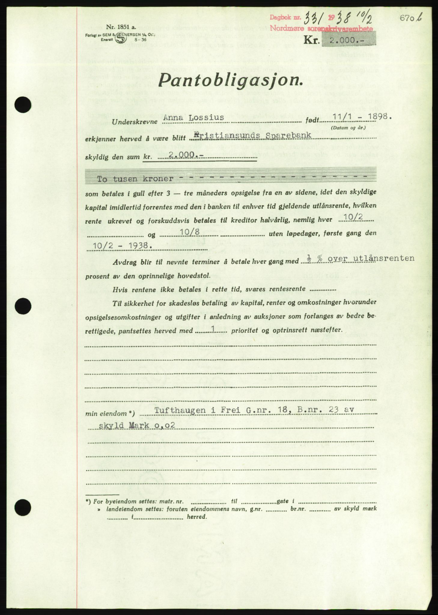 Nordmøre sorenskriveri, AV/SAT-A-4132/1/2/2Ca/L0092: Pantebok nr. B82, 1937-1938, Dagboknr: 331/1938