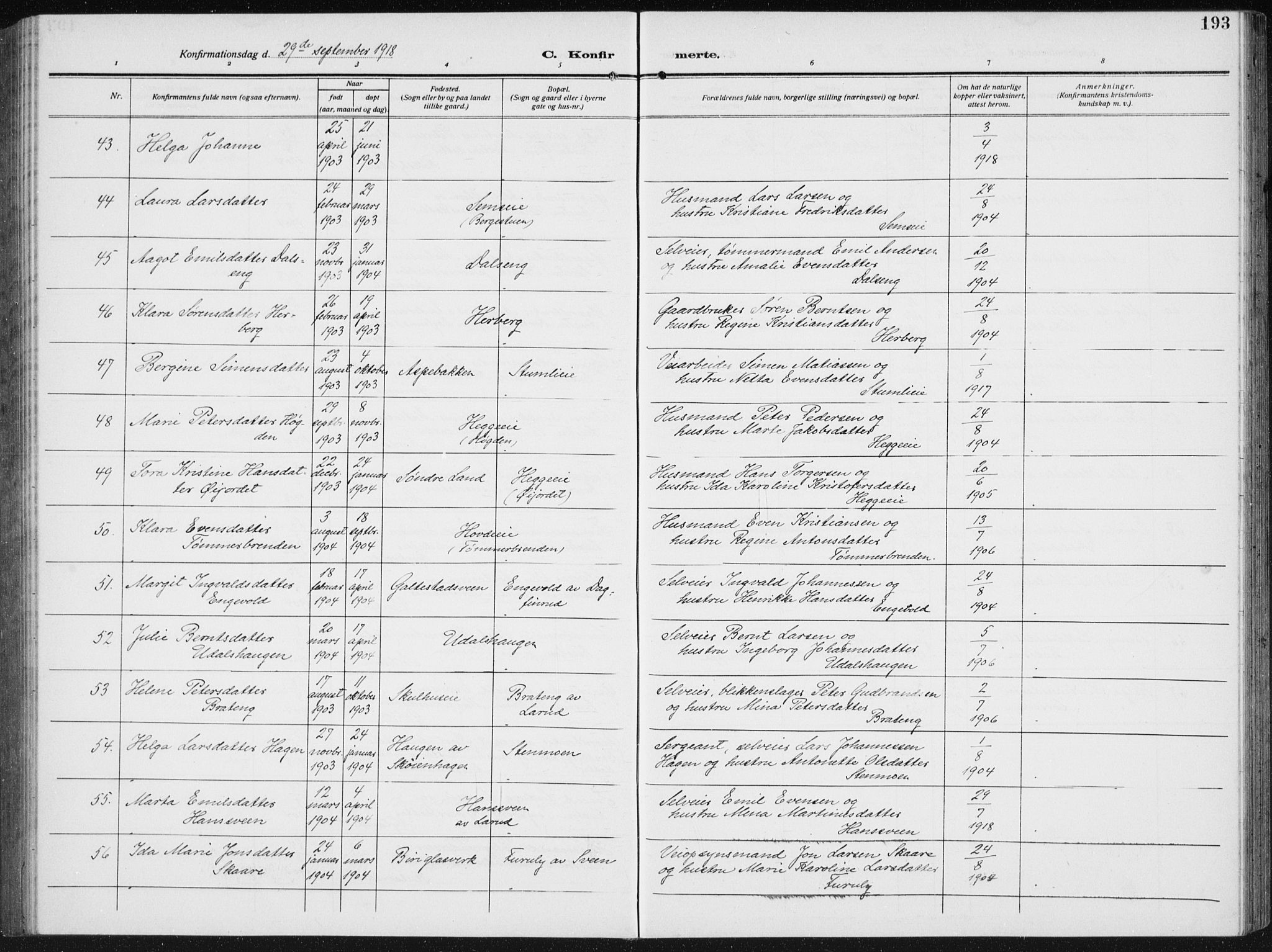 Biri prestekontor, AV/SAH-PREST-096/H/Ha/Hab/L0006: Klokkerbok nr. 6, 1909-1938, s. 193