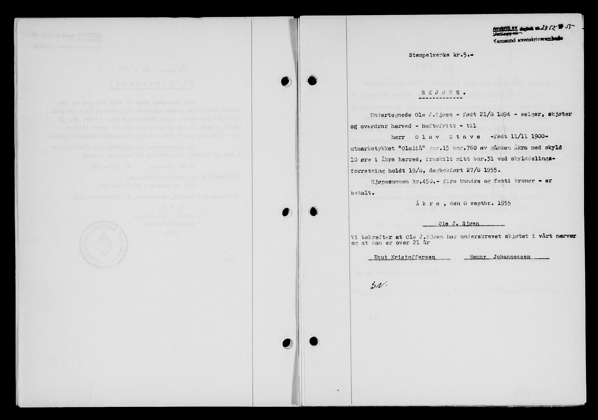 Karmsund sorenskriveri, SAST/A-100311/01/II/IIB/L0117: Pantebok nr. 97Aa, 1955-1955, Dagboknr: 2852/1955