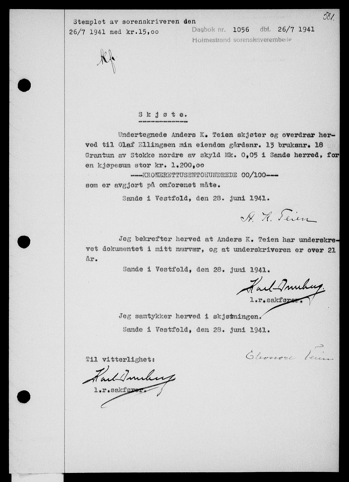Holmestrand sorenskriveri, SAKO/A-67/G/Ga/Gaa/L0053: Pantebok nr. A-53, 1941-1941, Dagboknr: 1056/1941