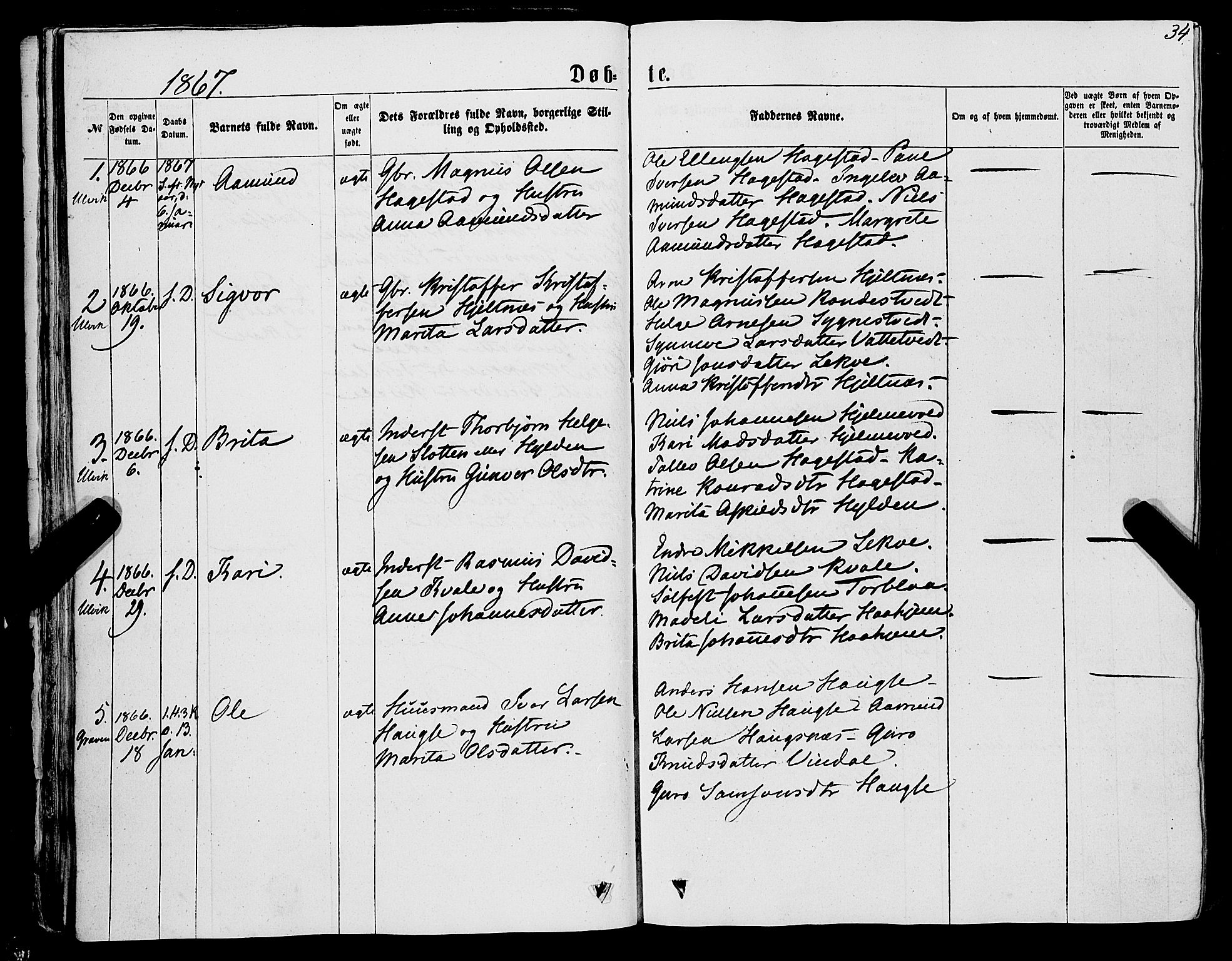 Ulvik sokneprestembete, AV/SAB-A-78801/H/Haa: Ministerialbok nr. A 15, 1864-1878, s. 34