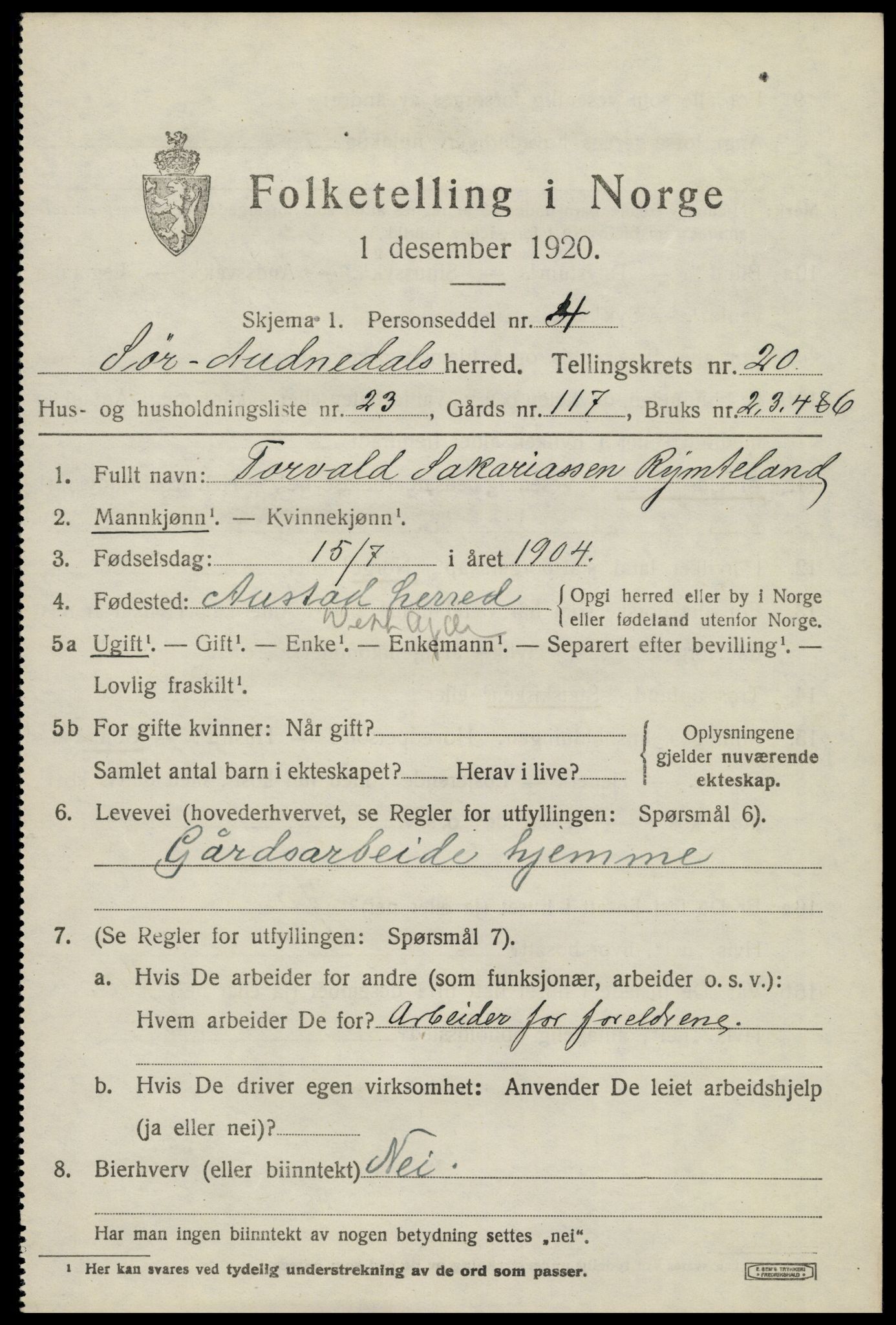 SAK, Folketelling 1920 for 1029 Sør-Audnedal herred, 1920, s. 6899
