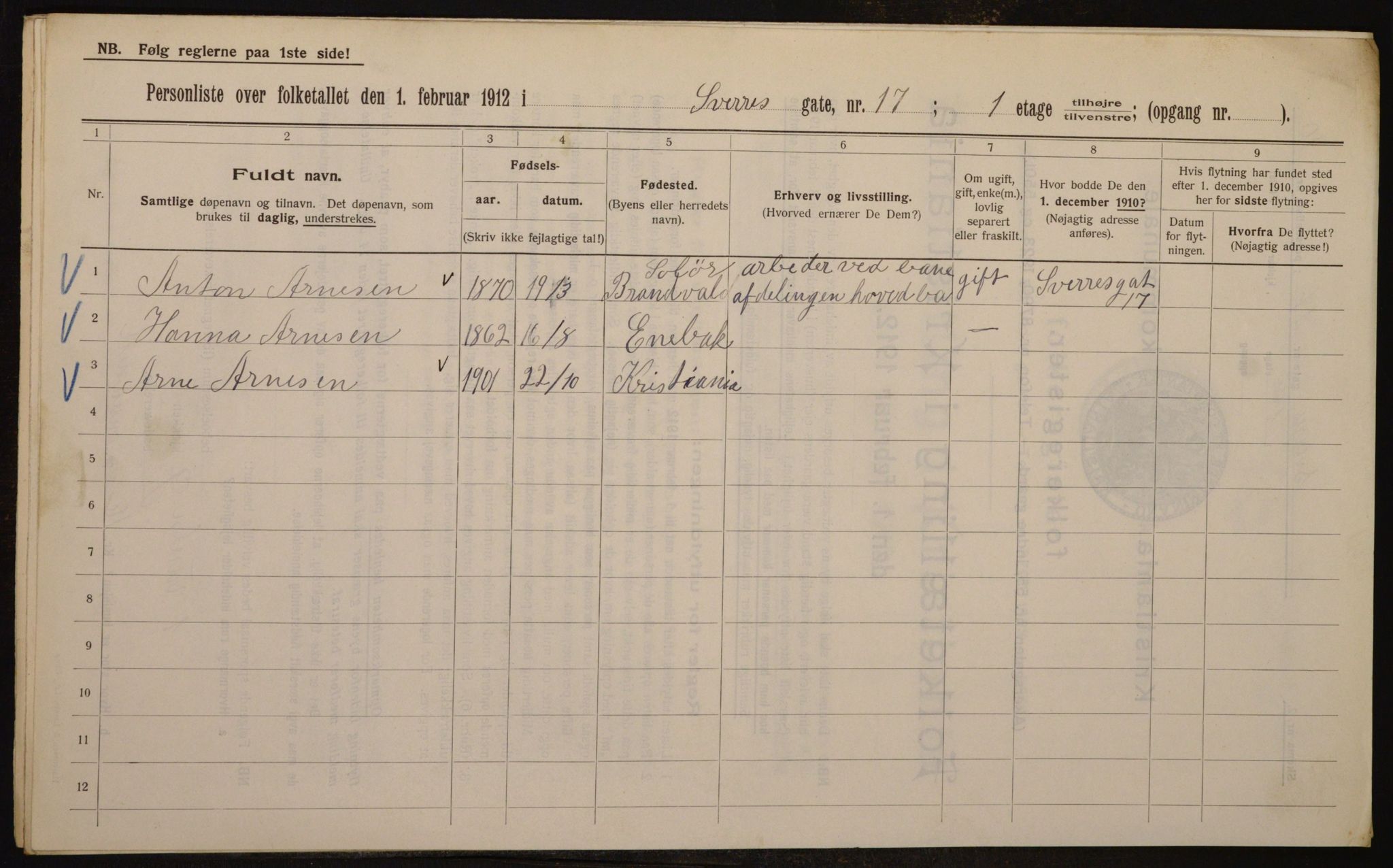 OBA, Kommunal folketelling 1.2.1912 for Kristiania, 1912, s. 106008