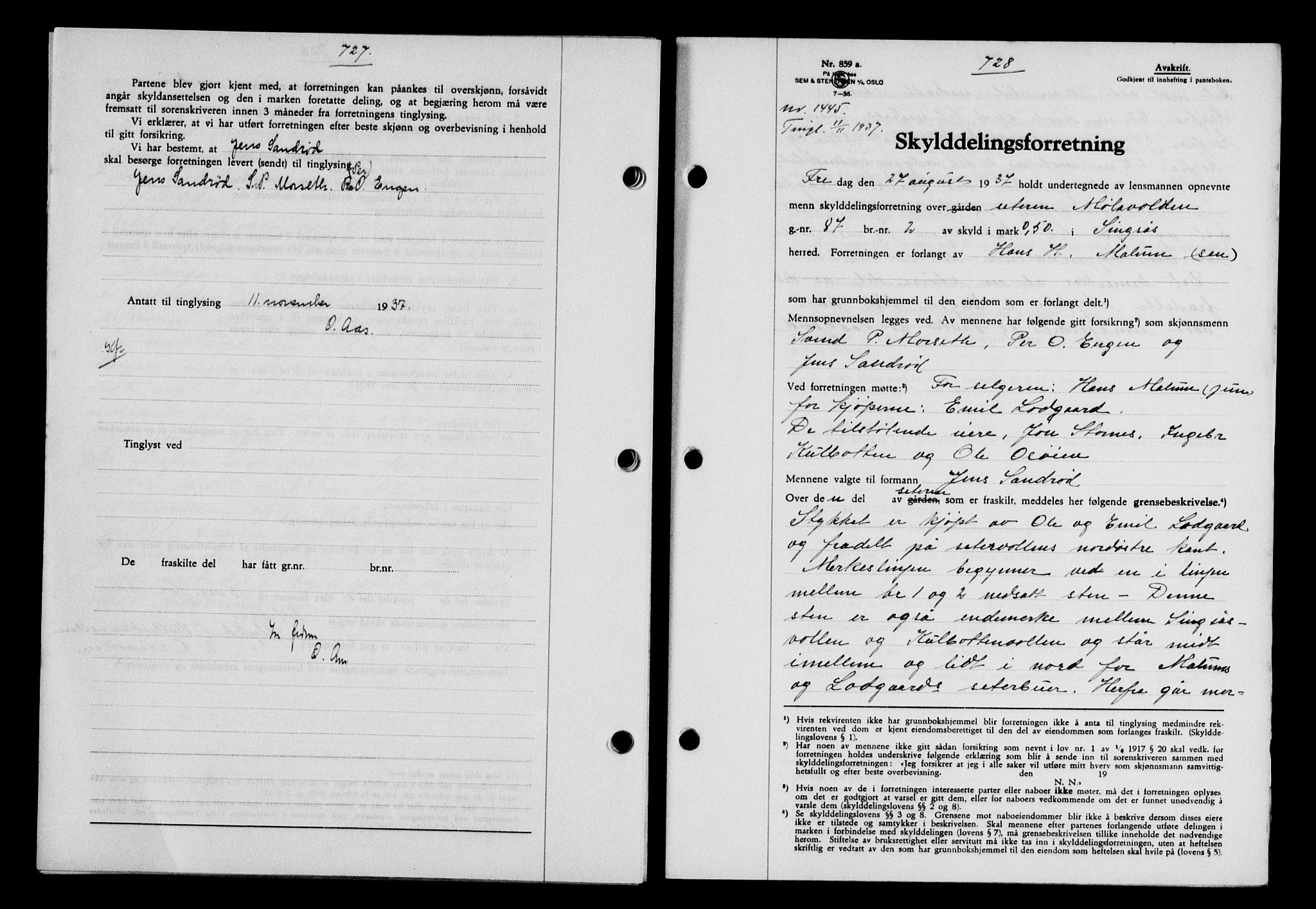 Gauldal sorenskriveri, SAT/A-0014/1/2/2C/L0048: Pantebok nr. 51-52, 1937-1938, s. 727-728, Dagboknr: 1445/1937