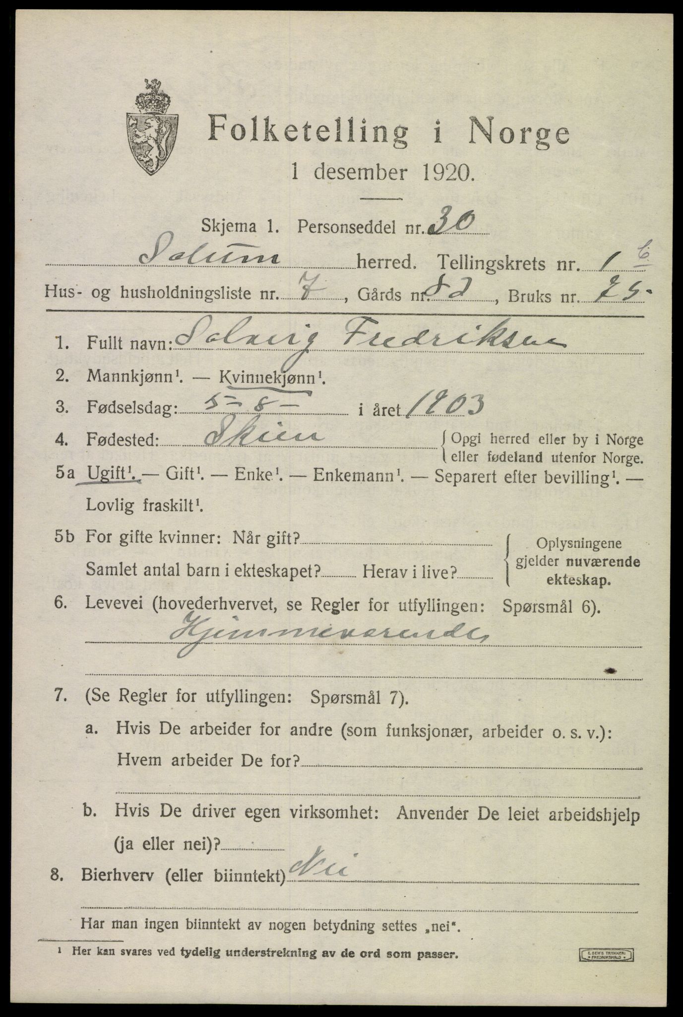 SAKO, Folketelling 1920 for 0818 Solum herred, 1920, s. 4188
