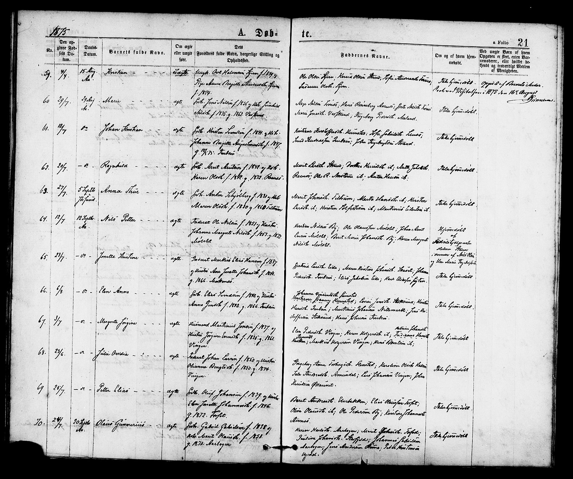 Ministerialprotokoller, klokkerbøker og fødselsregistre - Sør-Trøndelag, SAT/A-1456/655/L0679: Ministerialbok nr. 655A08, 1873-1879, s. 21
