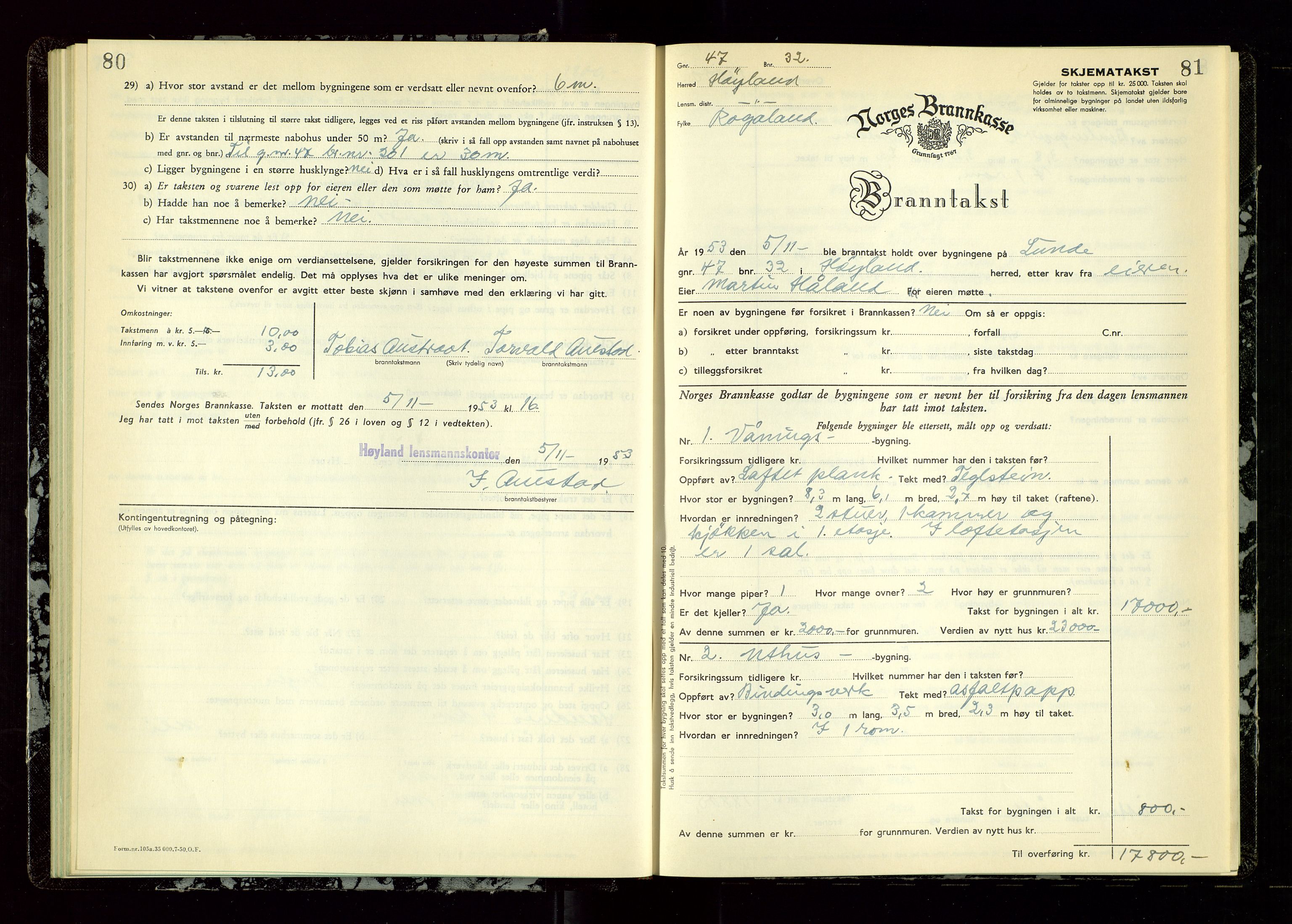 Høyland/Sandnes lensmannskontor, AV/SAST-A-100166/Gob/L0009: "Branntakstprotokoll", 1952-1955, s. 80-81