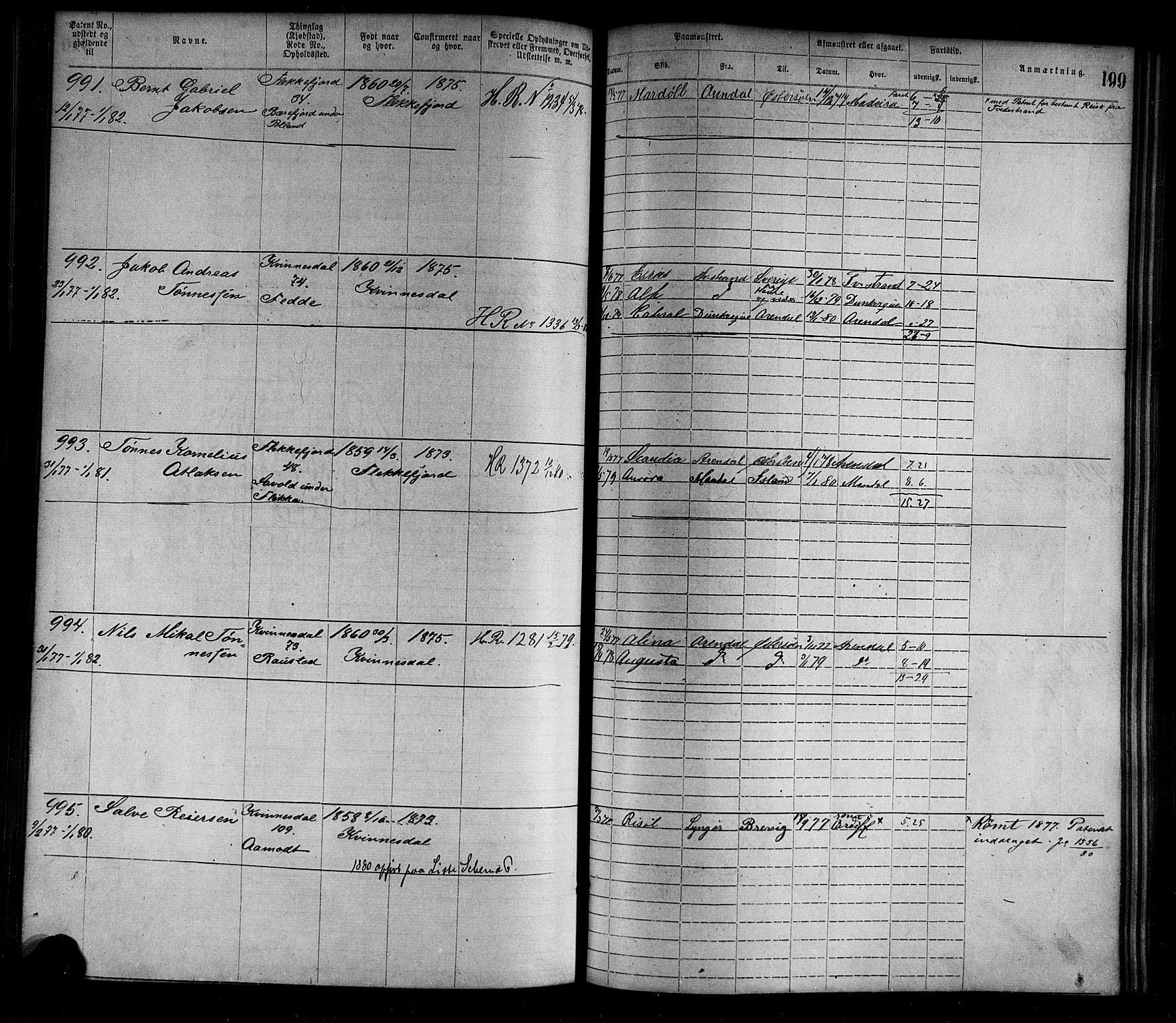Flekkefjord mønstringskrets, SAK/2031-0018/F/Fa/L0002: Annotasjonsrulle nr 1-1920 med register, N-2, 1870-1891, s. 224