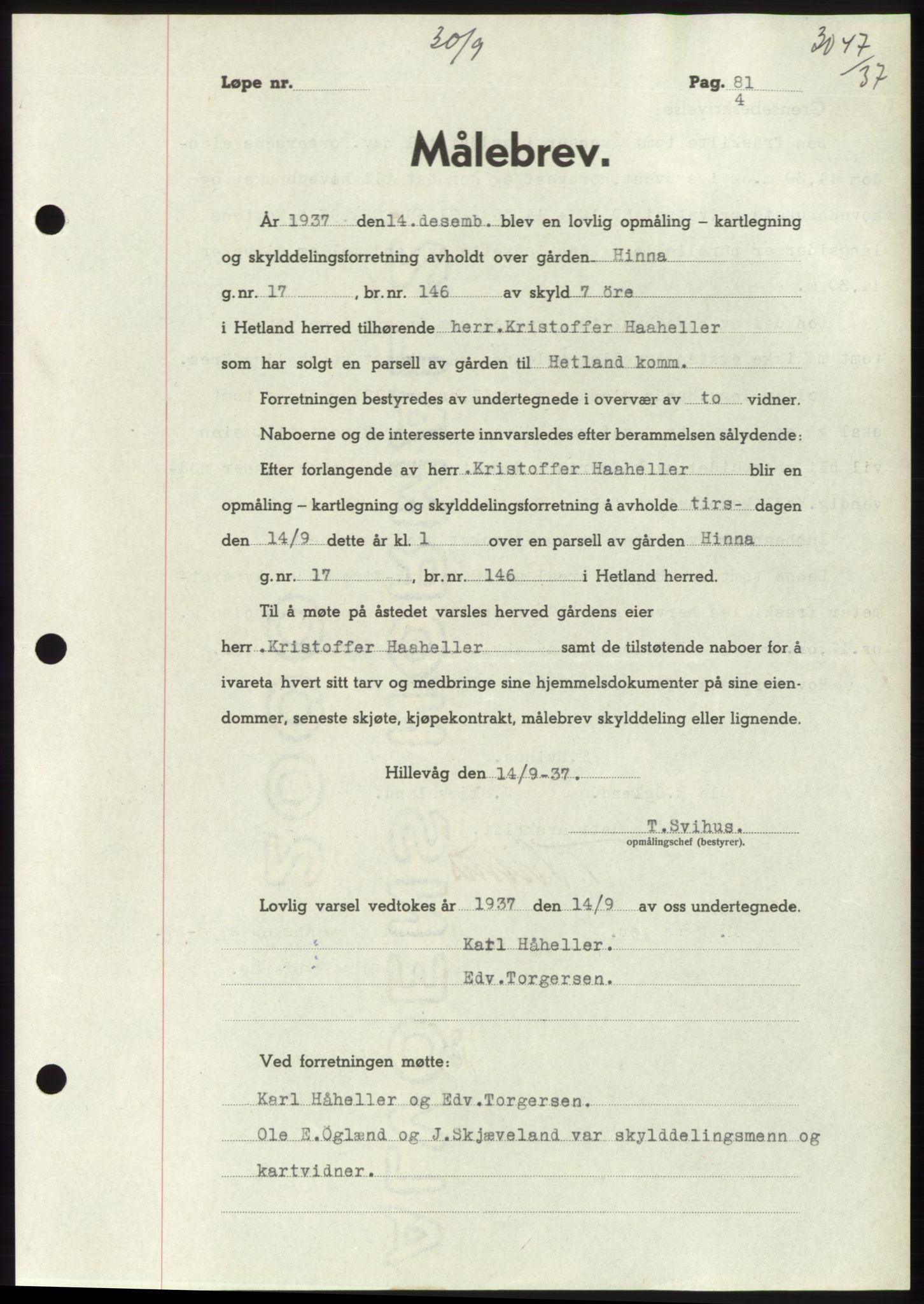 Jæren sorenskriveri, SAST/A-100310/03/G/Gba/L0069: Pantebok, 1937-1937, Dagboknr: 3047/1937