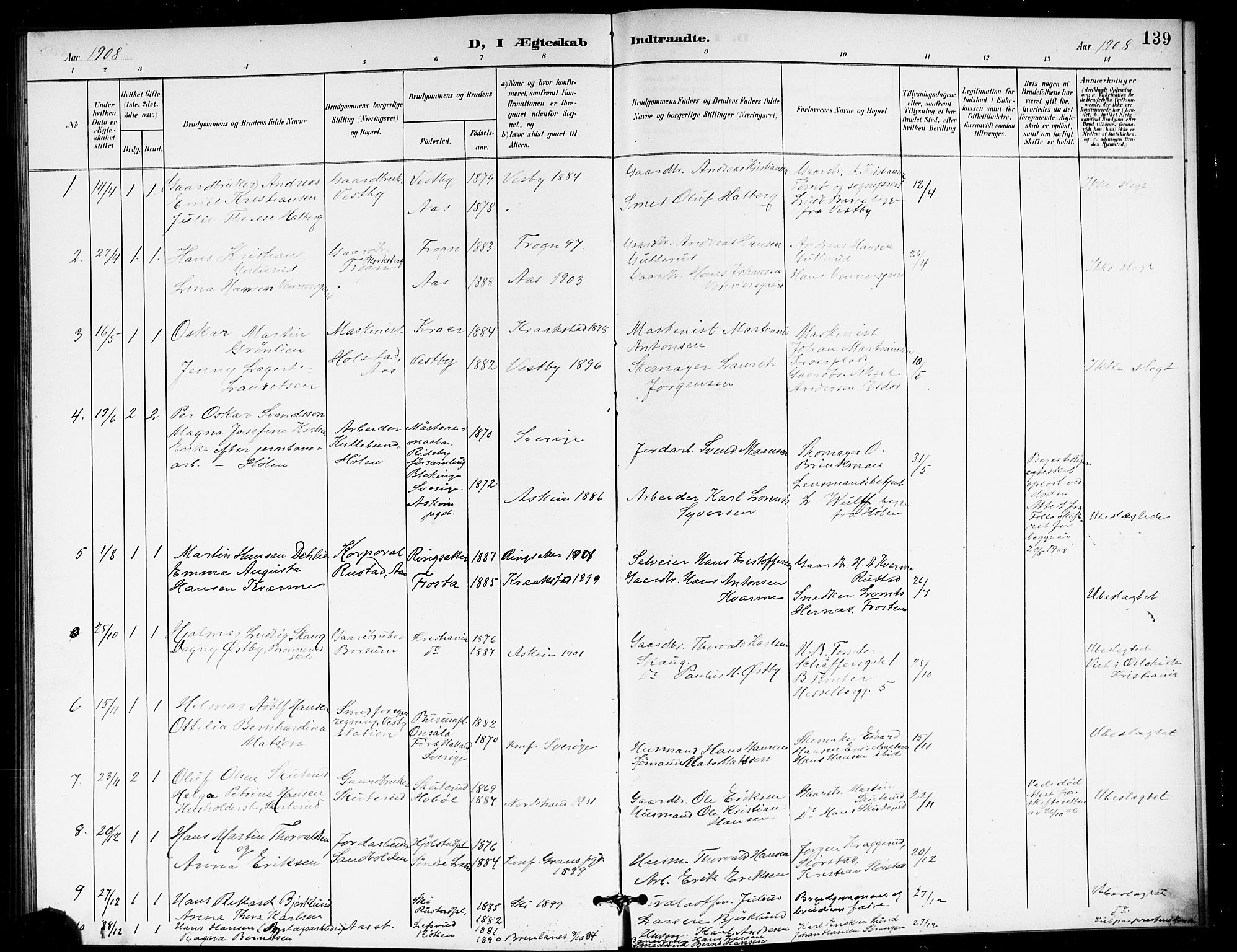 Ås prestekontor Kirkebøker, AV/SAO-A-10894/G/Ga/L0004: Klokkerbok nr. I 4, 1901-1915, s. 139