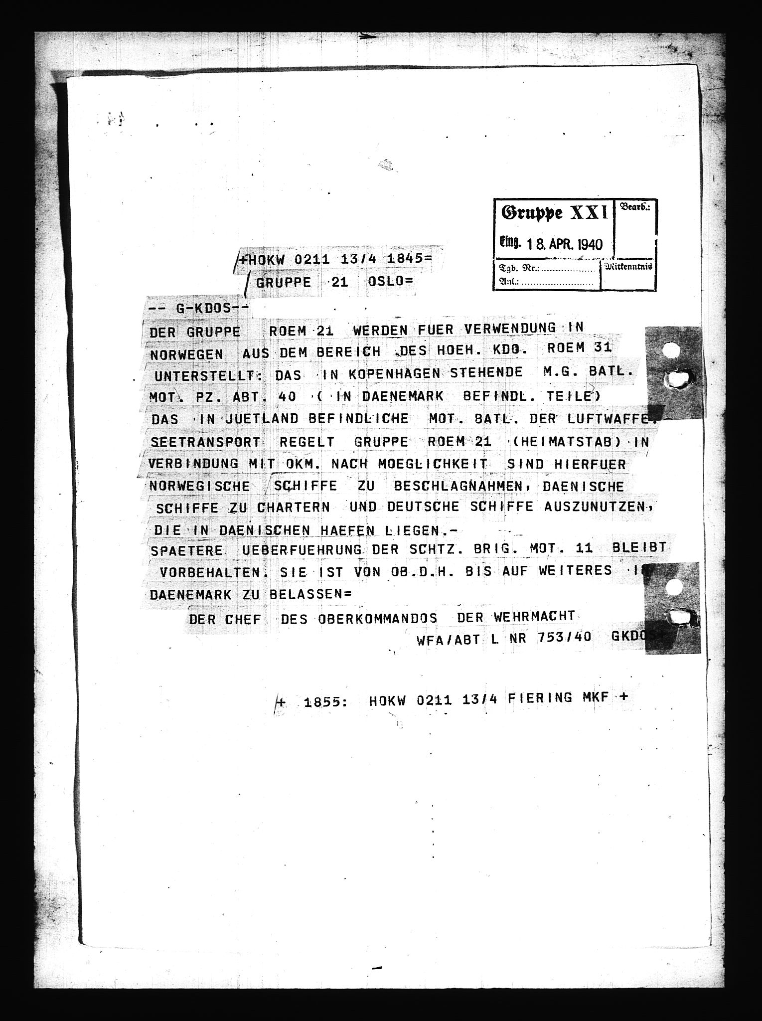 Documents Section, RA/RAFA-2200/V/L0075: Amerikansk mikrofilm "Captured German Documents".
Box No. 714.  FKA jnr. 615/1954., 1940, s. 473