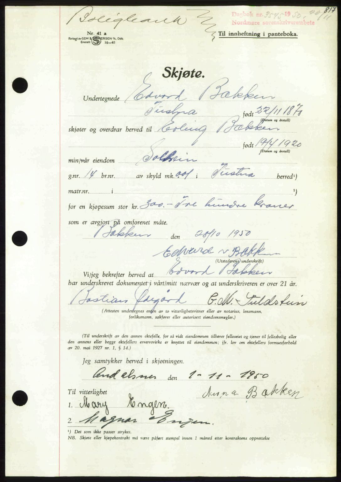 Nordmøre sorenskriveri, AV/SAT-A-4132/1/2/2Ca: Pantebok nr. A116, 1950-1950, Dagboknr: 3545/1950