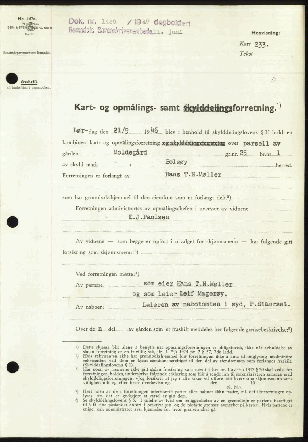 Romsdal sorenskriveri, AV/SAT-A-4149/1/2/2C: Pantebok nr. A23, 1947-1947, Dagboknr: 1439/1947