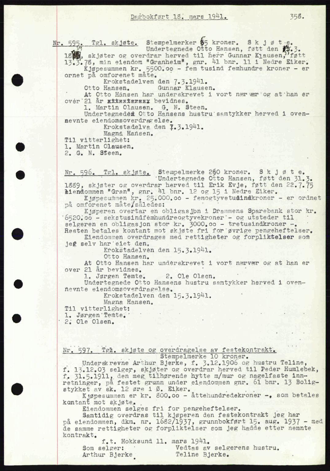 Eiker, Modum og Sigdal sorenskriveri, SAKO/A-123/G/Ga/Gab/L0043: Pantebok nr. A13, 1940-1941, Dagboknr: 595/1941