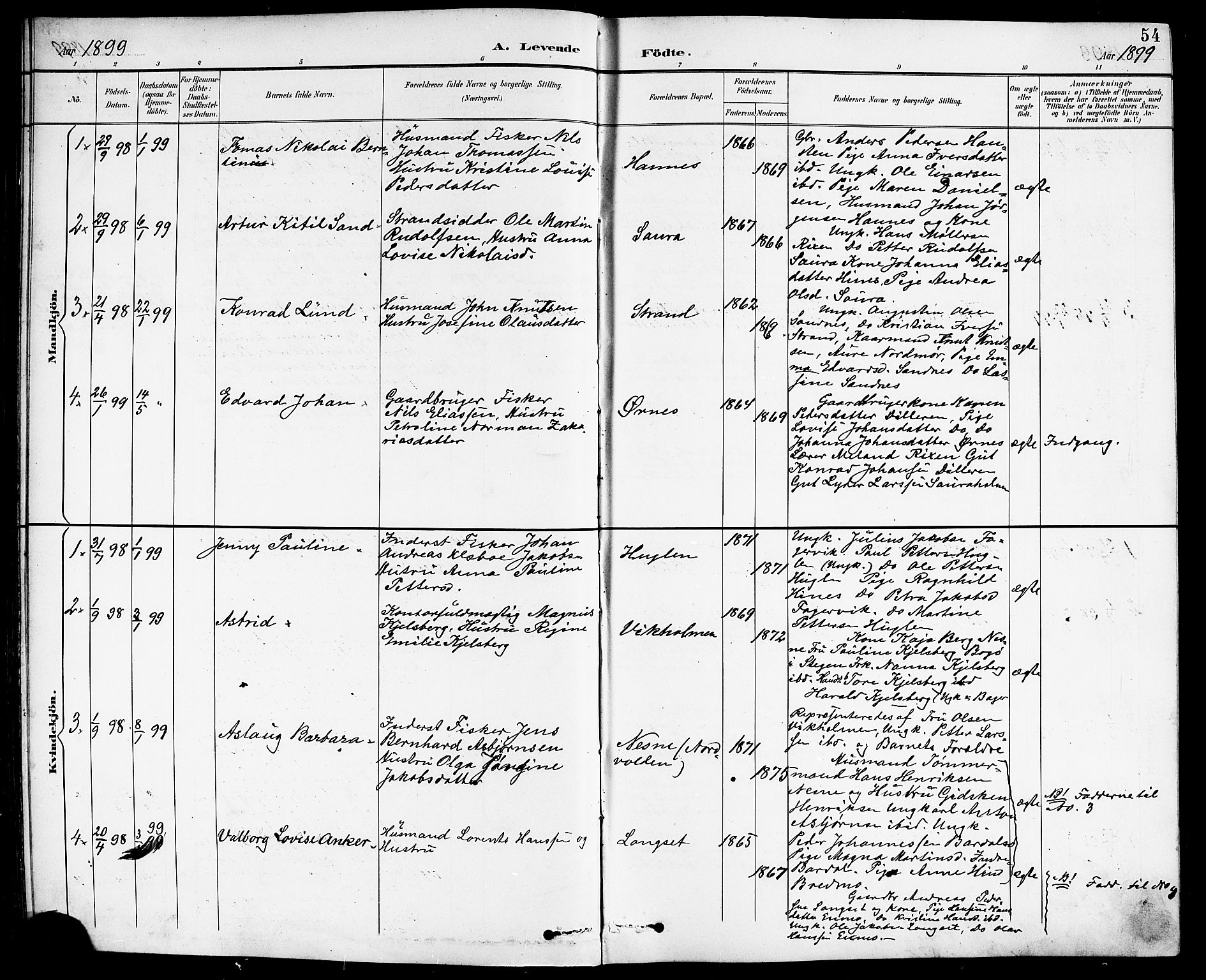 Ministerialprotokoller, klokkerbøker og fødselsregistre - Nordland, AV/SAT-A-1459/838/L0559: Klokkerbok nr. 838C06, 1893-1910, s. 54