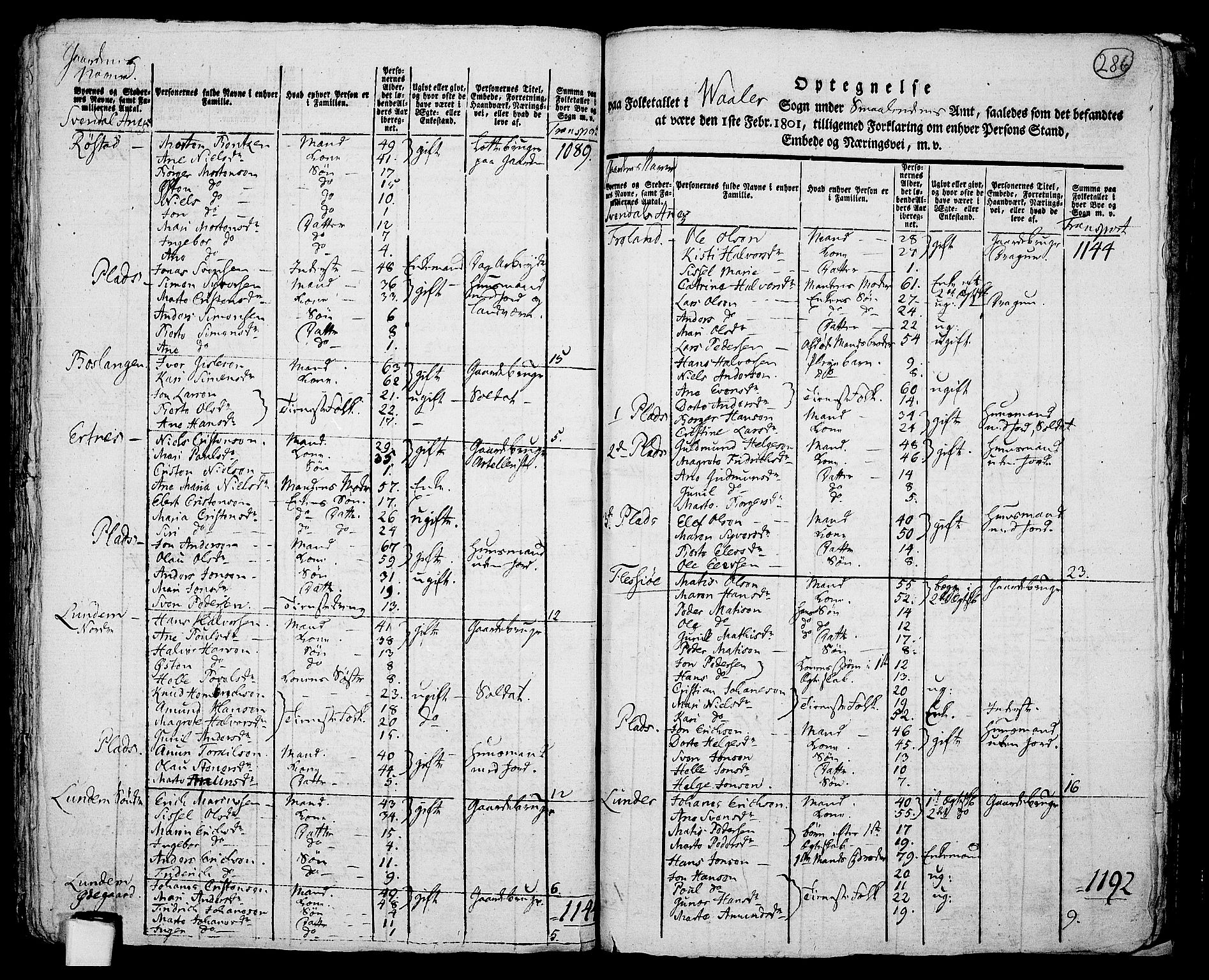 RA, Folketelling 1801 for 0137P Våler prestegjeld, 1801, s. 285b-286a