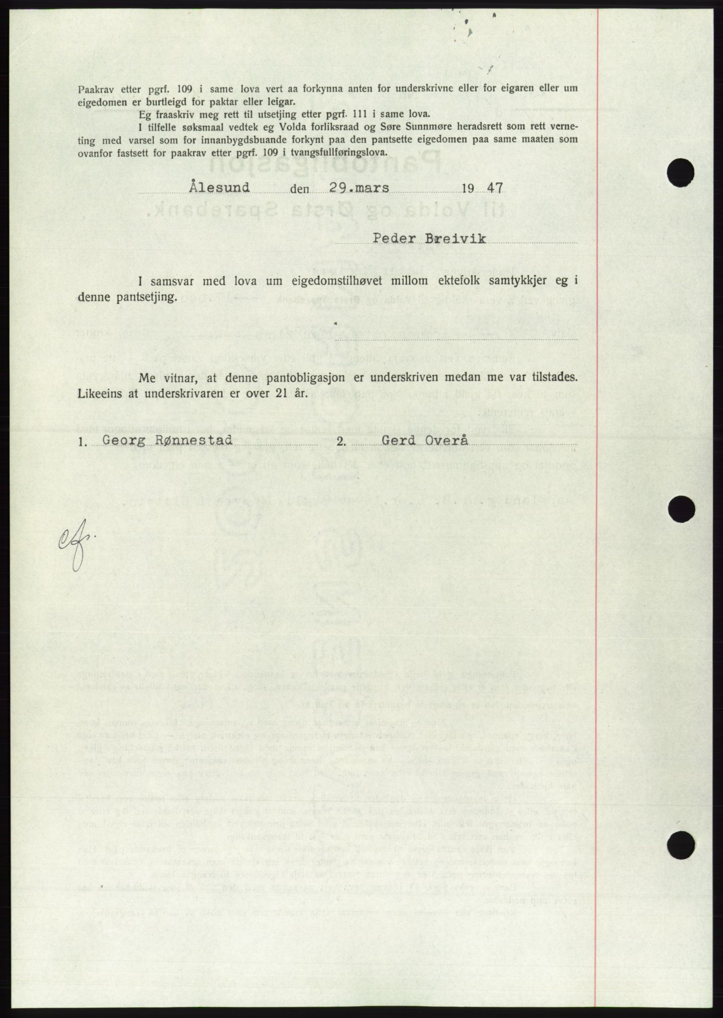 Søre Sunnmøre sorenskriveri, AV/SAT-A-4122/1/2/2C/L0114: Pantebok nr. 1-2B, 1943-1947, Dagboknr: 450/1947