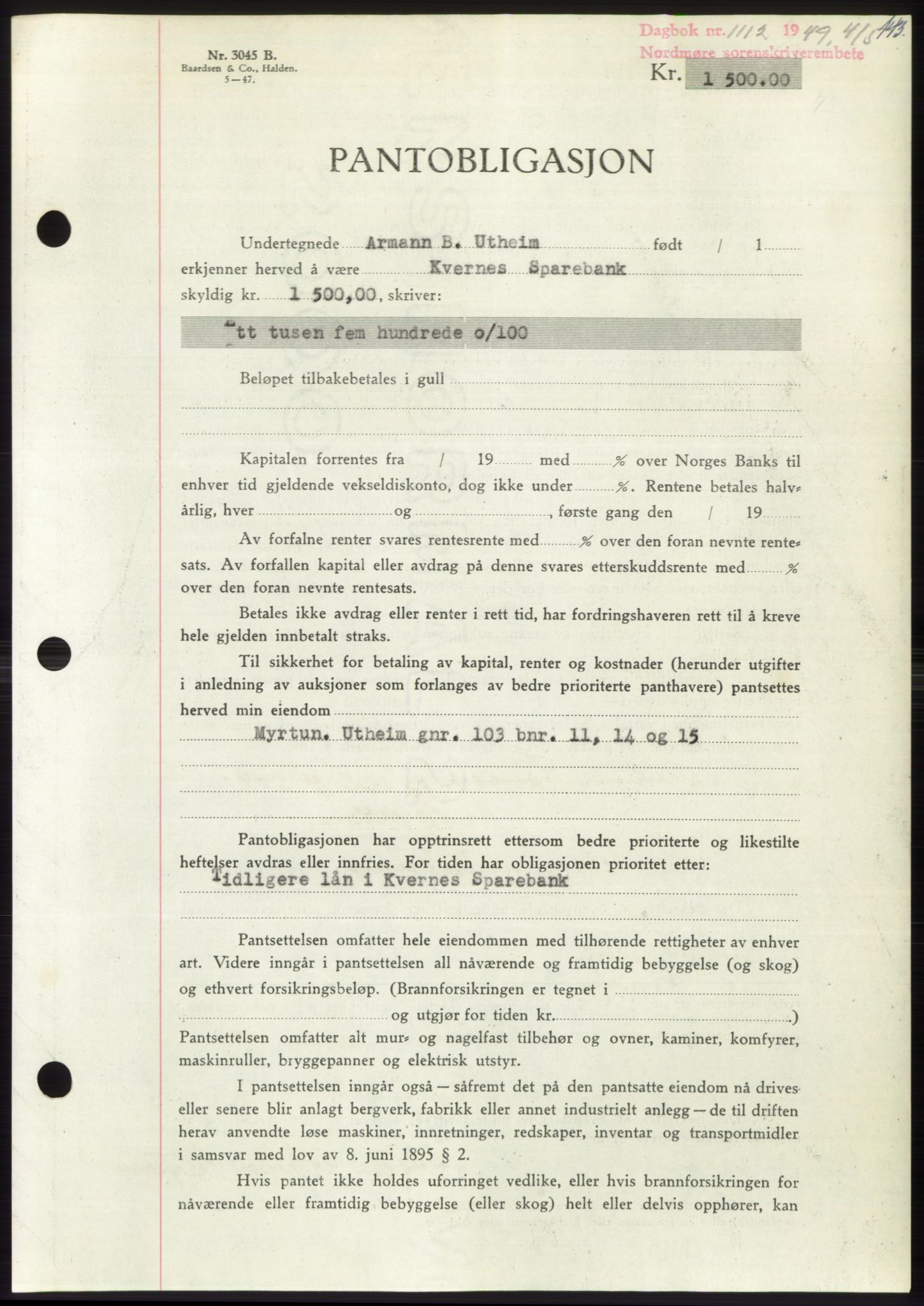 Nordmøre sorenskriveri, AV/SAT-A-4132/1/2/2Ca: Pantebok nr. B101, 1949-1949, Dagboknr: 1112/1949