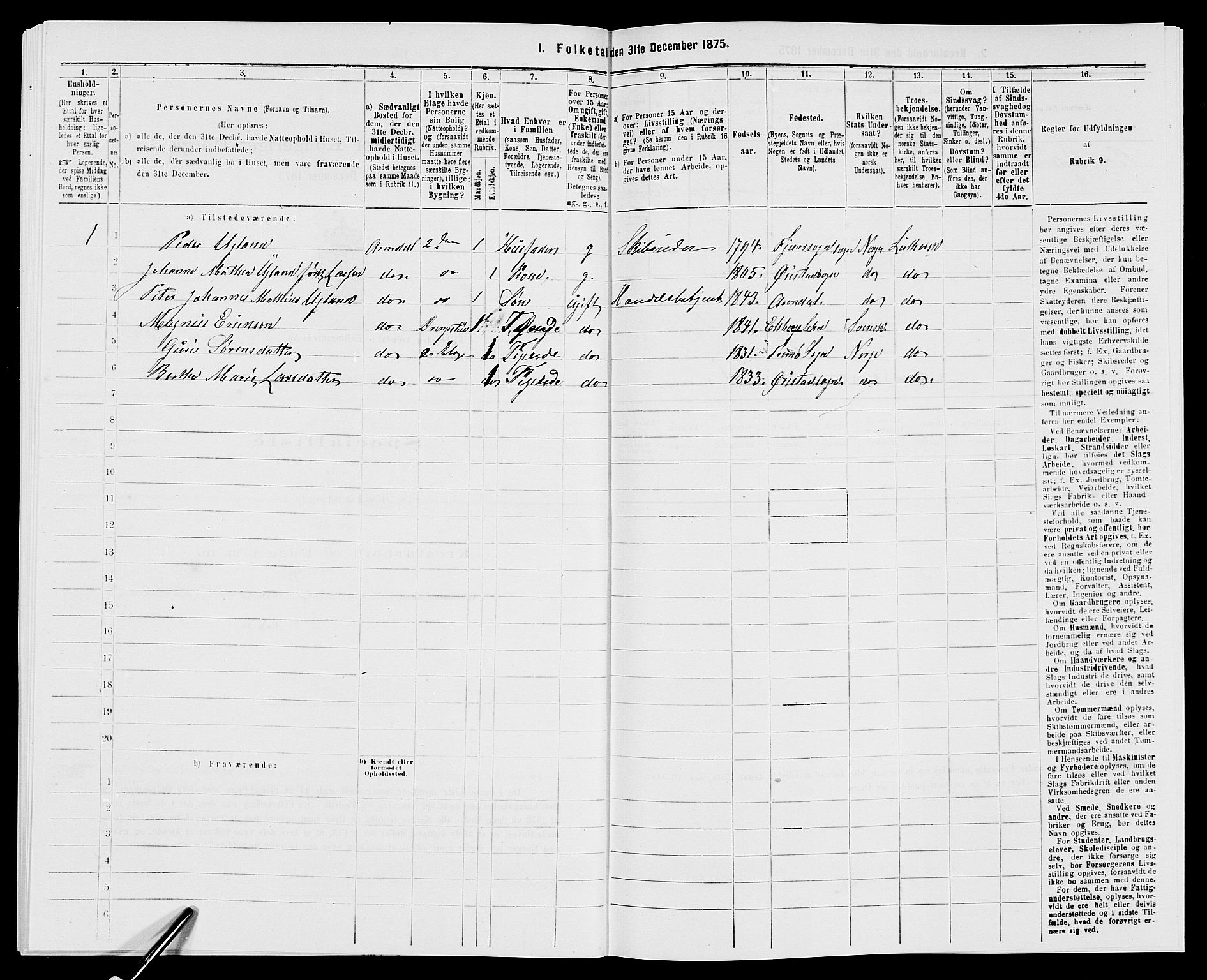 SAK, Folketelling 1875 for 0903P Arendal prestegjeld, 1875, s. 749