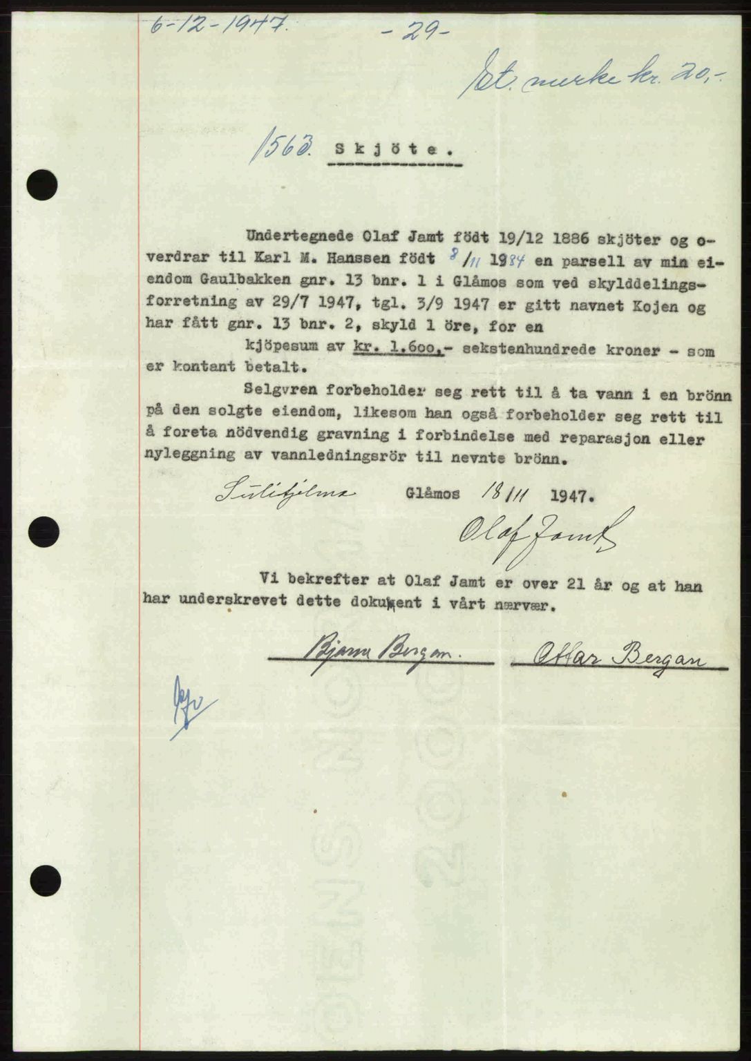 Gauldal sorenskriveri, SAT/A-0014/1/2/2C: Pantebok nr. A5, 1947-1948, Dagboknr: 1563/1947