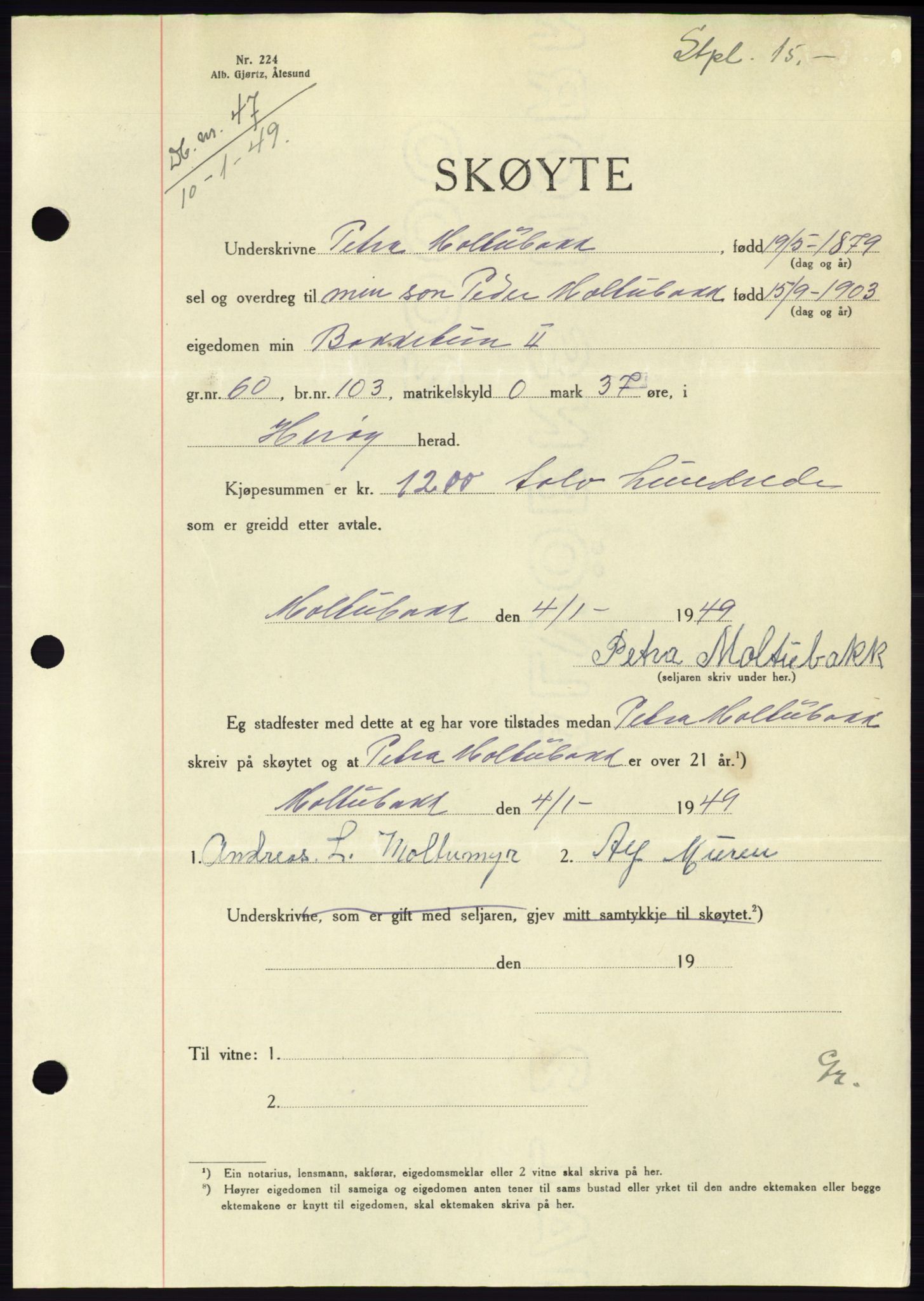 Søre Sunnmøre sorenskriveri, AV/SAT-A-4122/1/2/2C/L0083: Pantebok nr. 9A, 1948-1949, Dagboknr: 47/1949