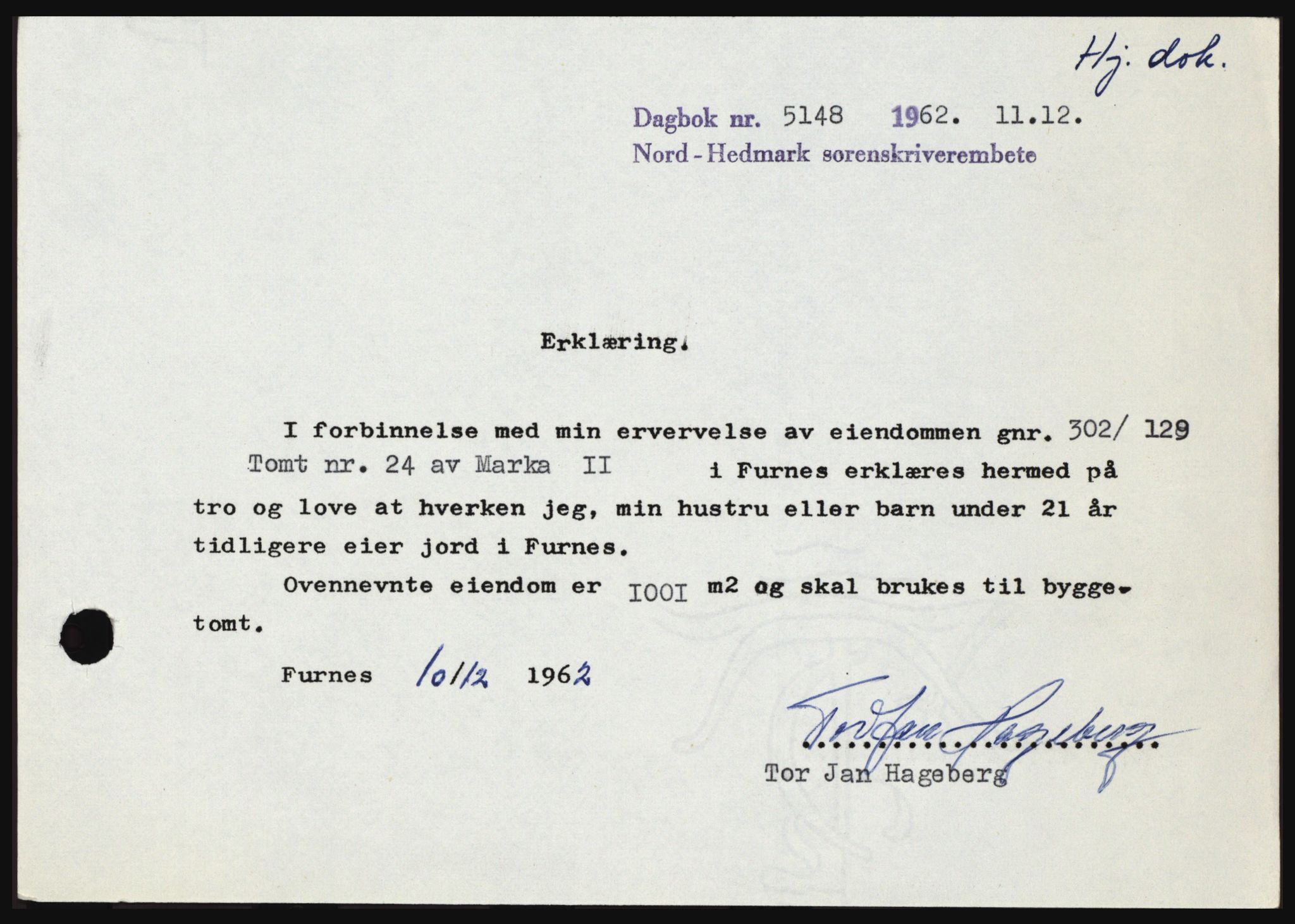 Nord-Hedmark sorenskriveri, SAH/TING-012/H/Hc/L0017: Pantebok nr. 17, 1962-1963, Dagboknr: 5148/1962