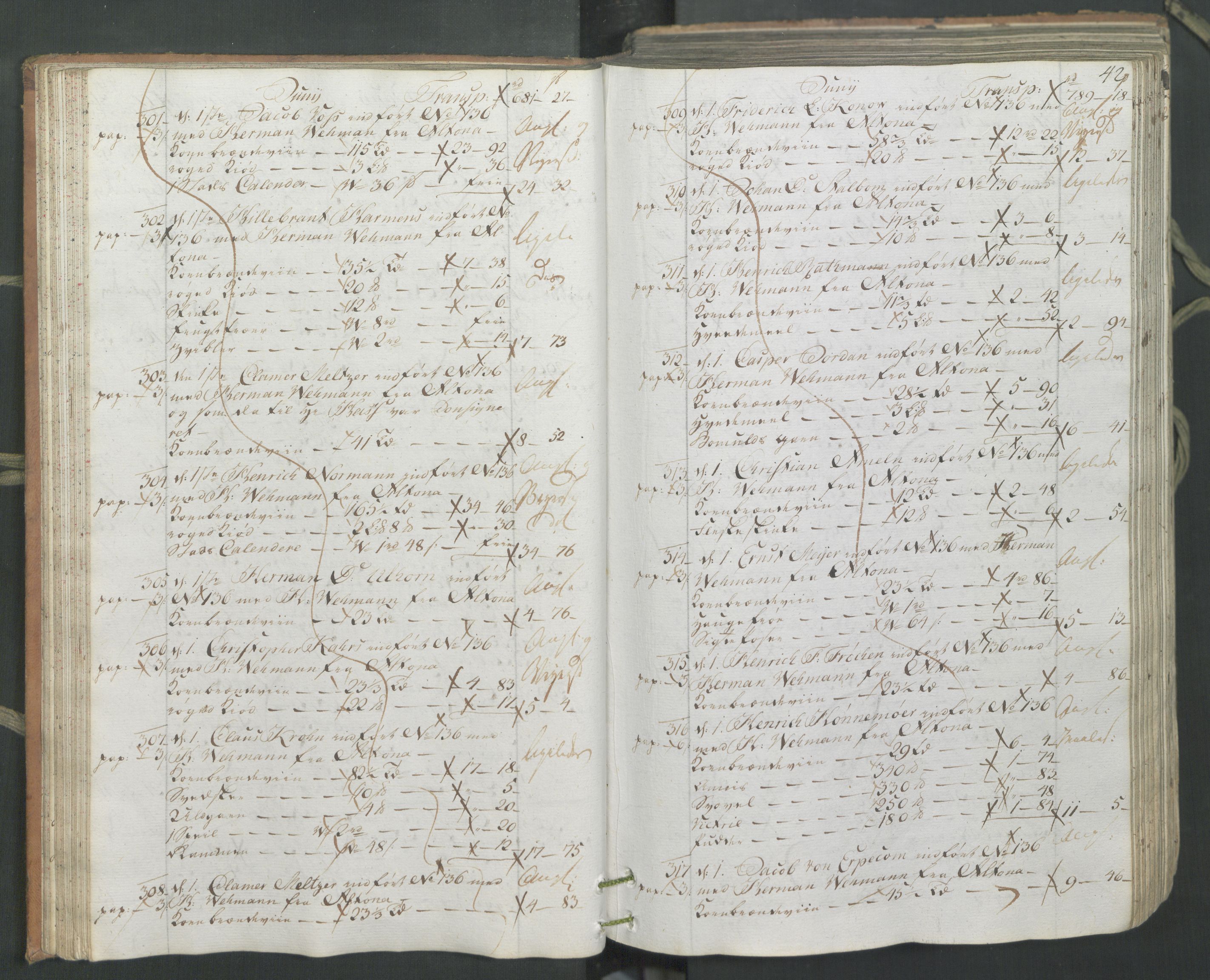 Generaltollkammeret, tollregnskaper, AV/RA-EA-5490/R26/L0222/0001: Tollregnskaper Bergen A / Inngående hovedtollbok, 1786, s. 41b-42a